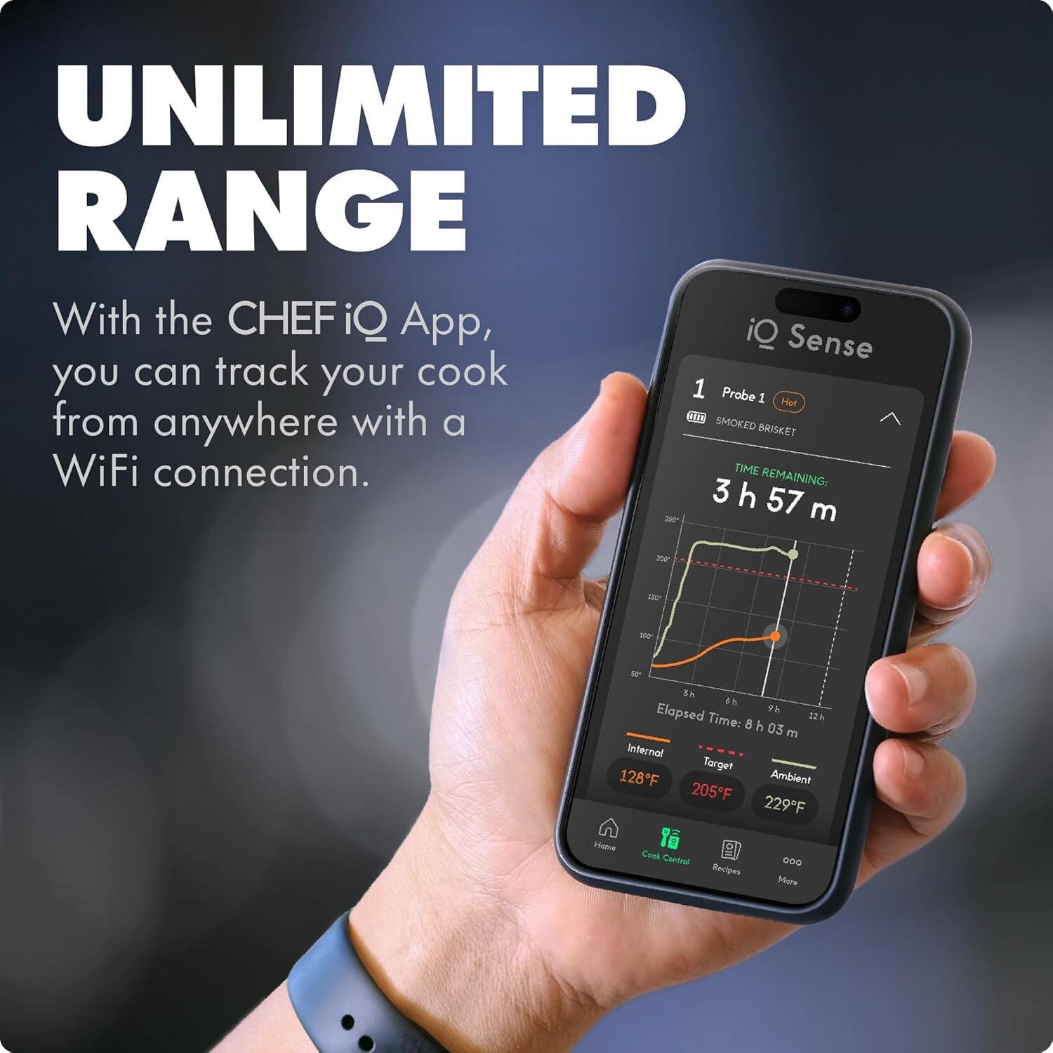 UNLIMITED RANGE

With the CHEF iQ App, you can track your cook from anywhere with a WiFi connection.

iQ Sense

1 Probe 1 Hot

SMOKED BRISKET

TIME REMAINING: 3 h 57 m

Elapsed Time: 8 h 03 m

Internal 128°F

Target 205°F

Ambient 229°F

Home Grill Control Recipes More