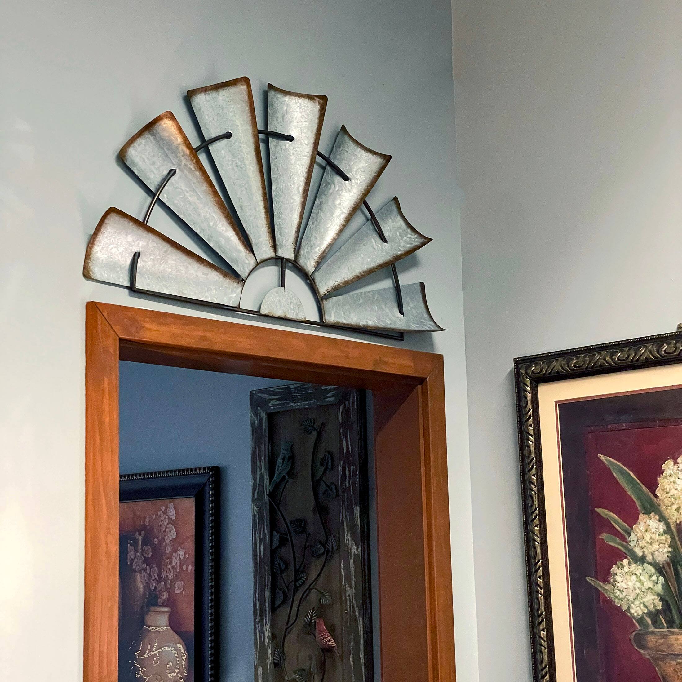 Alt View 3. Zeckos - Pair of Distressed Metal Half Moon Windmill Wall Sculptures - Silver.