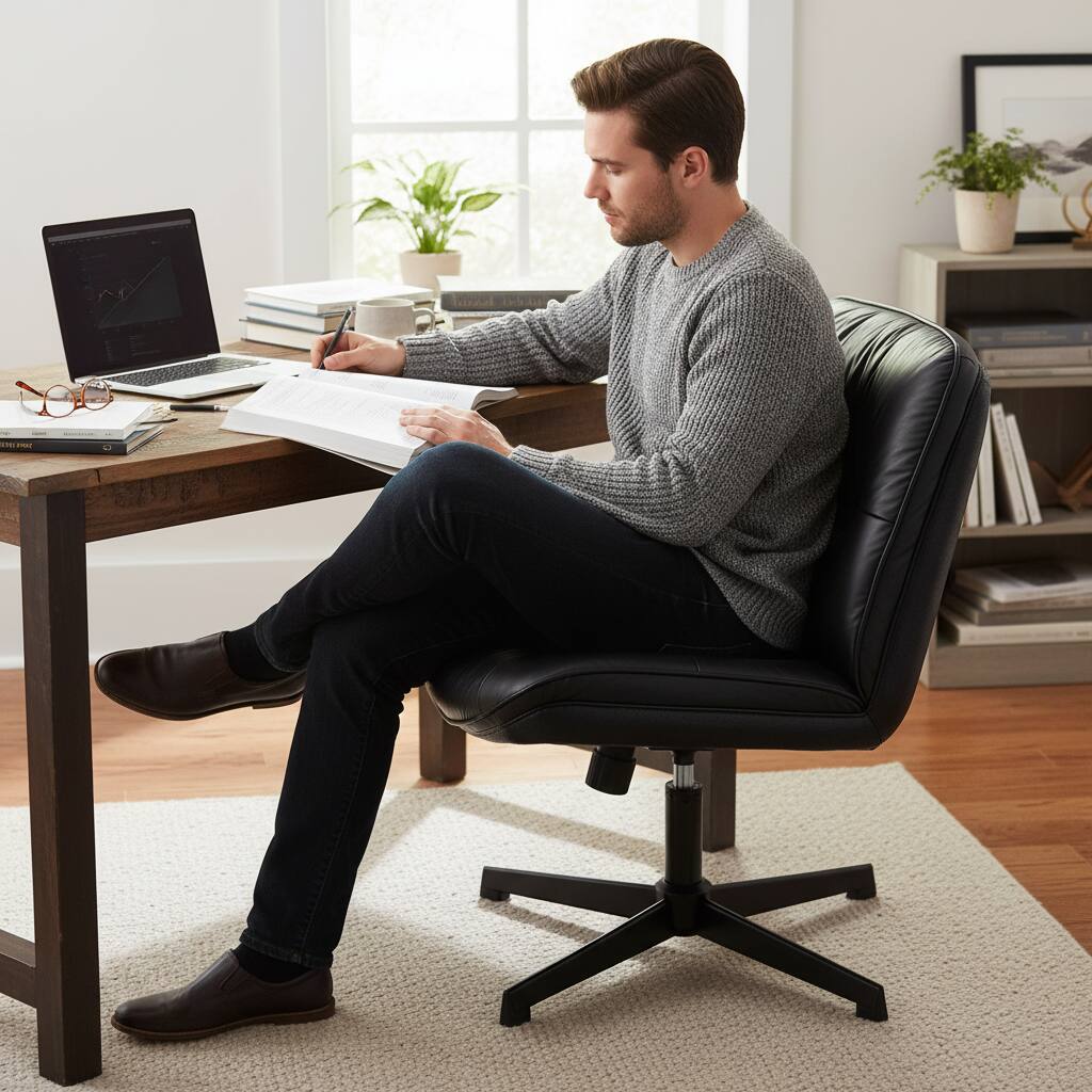 Alt View 5. AOITUN - Armless-Office Desk Chair Without Wheels, Cross Legged Wide Chair, PU Leather Comfortable Adjustable Swivel, Black - Black.