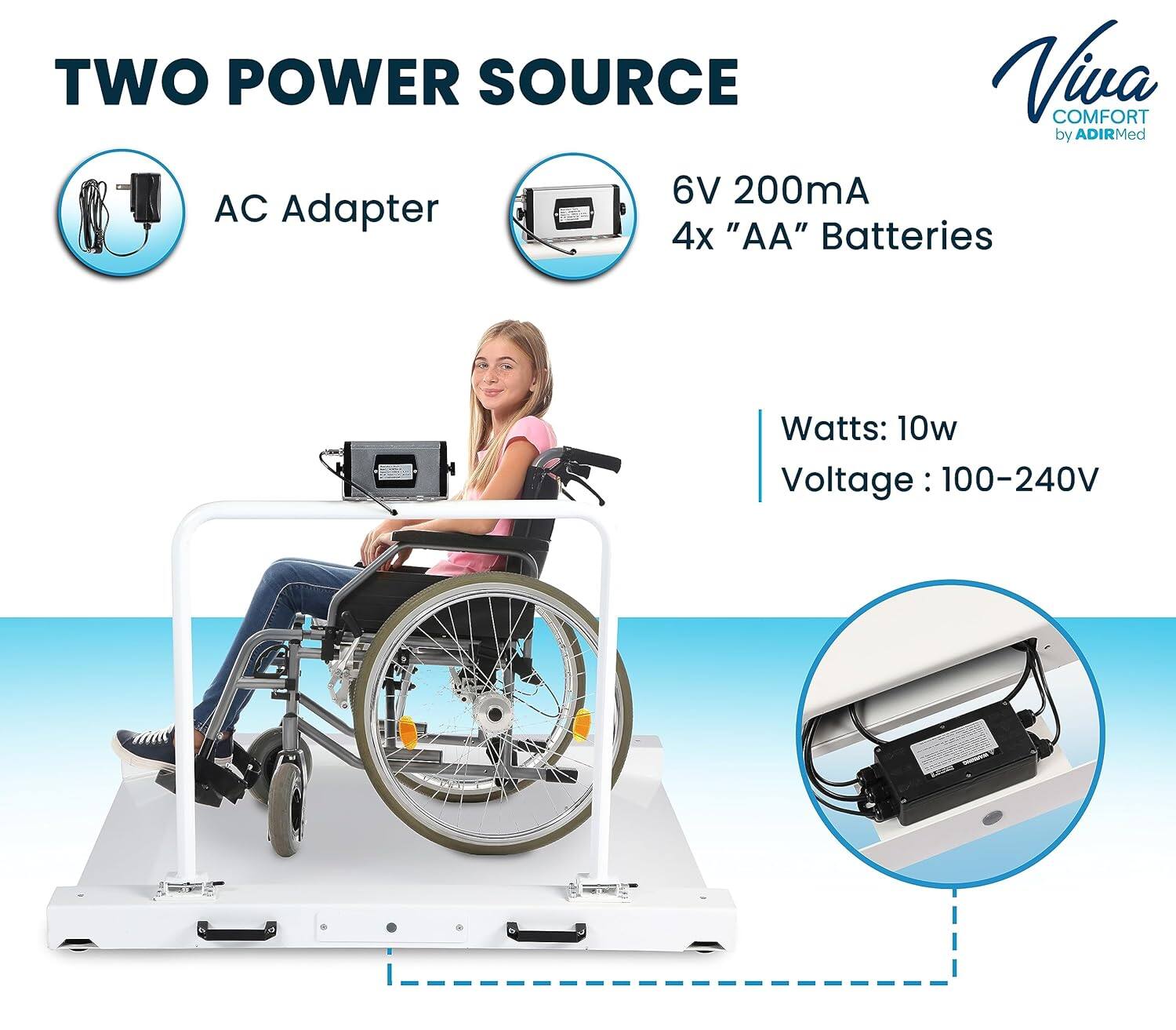 TWO POWER SOURCE
Viva COMFORT by ADIRMed
6V 200mA
AC Adapter
4x "AA" Batteries
Watts: 10w
Voltage: 100-240V