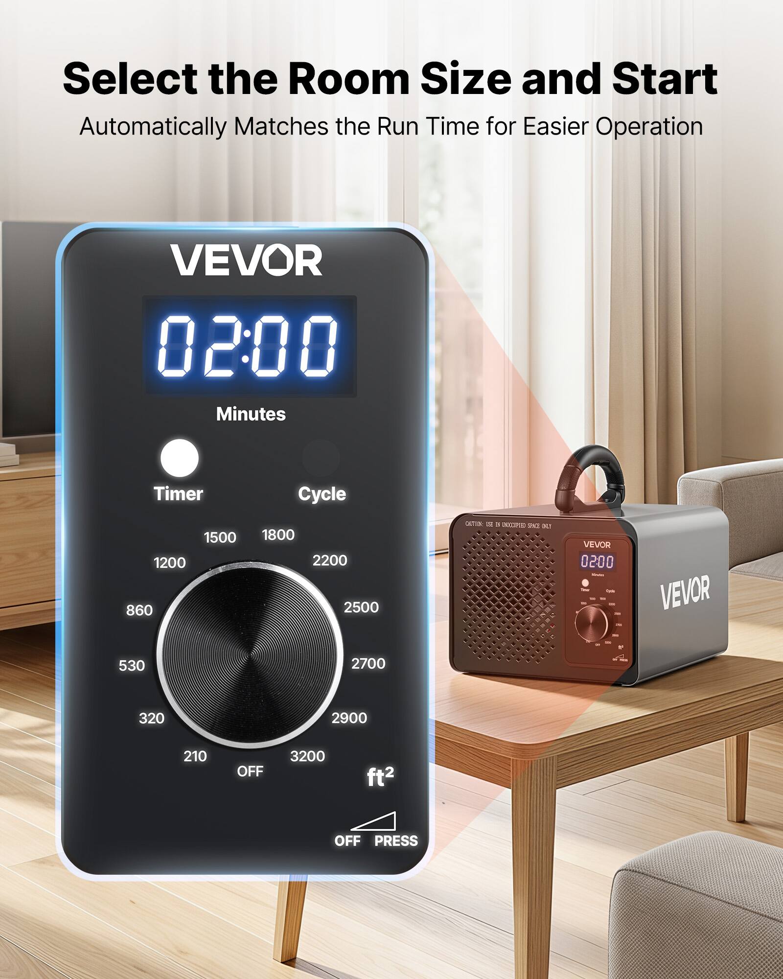Select the Room Size and Start  
Automatically Matches the Run Time for Easier Operation  

VEVOR  
02:00 Minutes  

Timer  
1500 1200 860 1800 2200 2500  

Cycle  
530 2700 320 2900 210 3200 ft²  

OFF PRESS