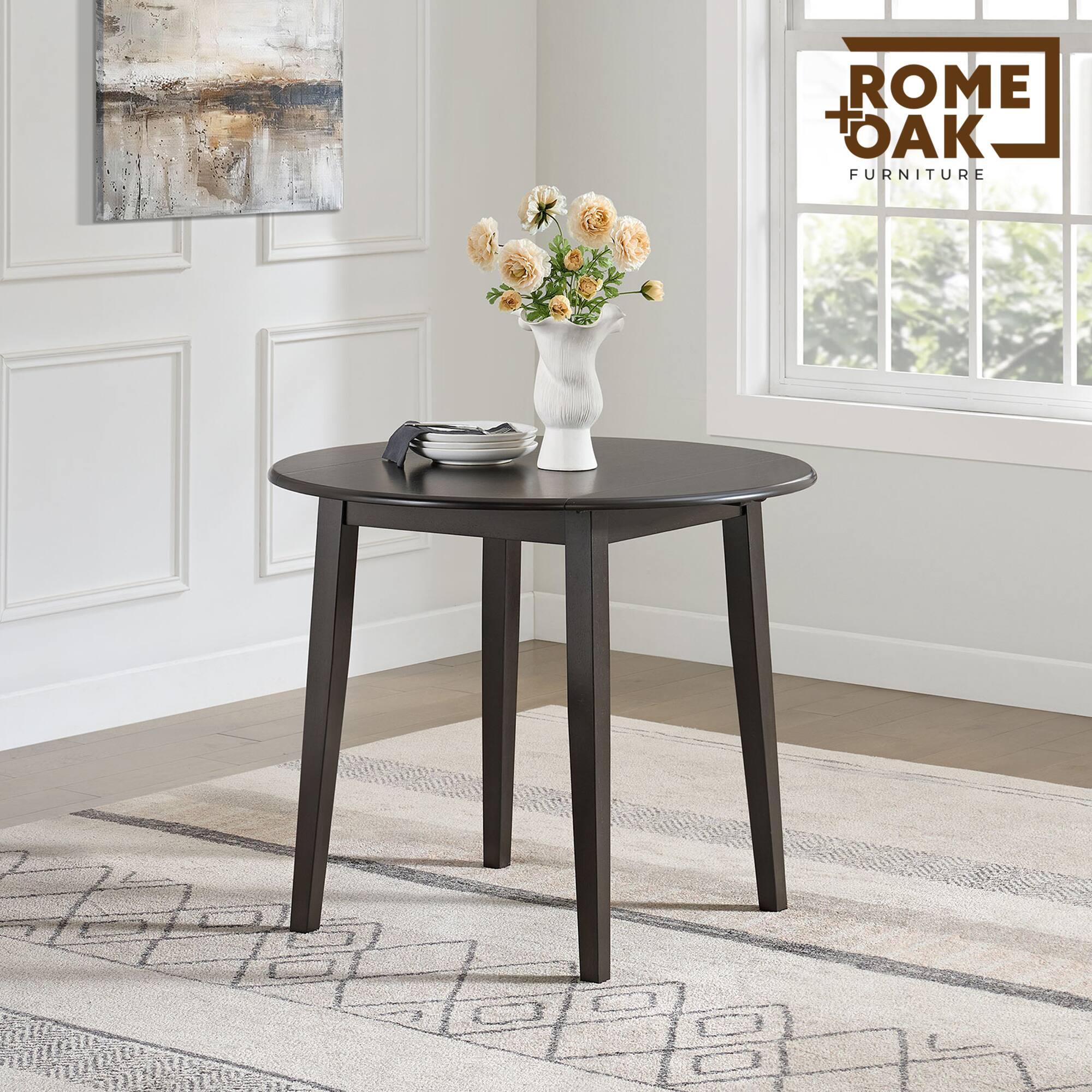 ROME + OAK Hinged Drop Leaf Dining Table, 22 to 36 Inch Round Tabletop ...