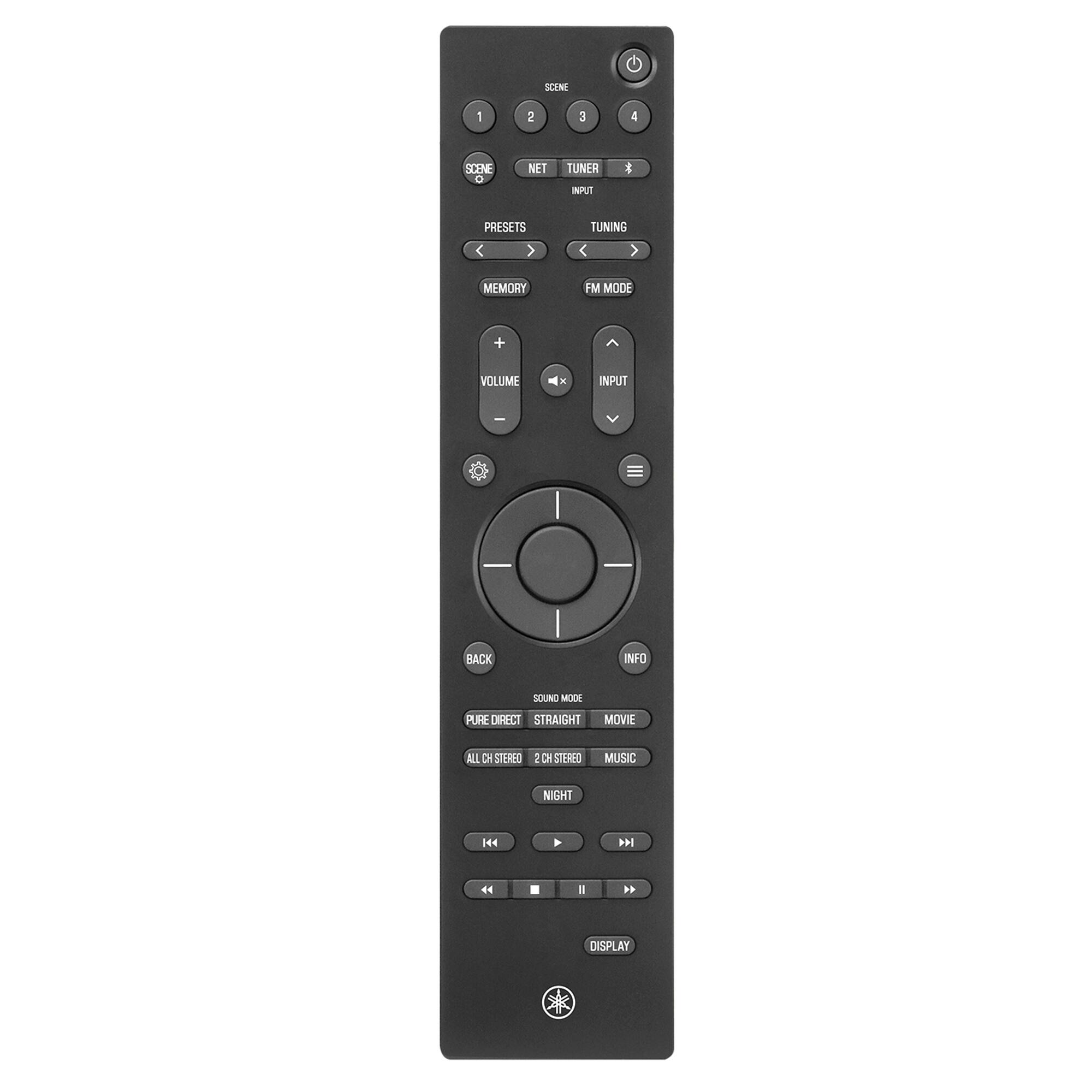 SCENE
1
2
3
4
SCENE 0
NET
TUNER INPUT
TUNING
PRESETS
MEMORY
FM MODE
VOLUME
INPUT
BACK
INFO
SOUND MODE
PURE DIRECT STRAIGHT MOVIE
ALL CH STEREO 2 CH STEREO MUSIC NIGHT
DISPLAY