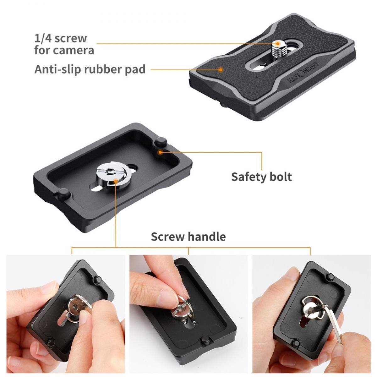 1/4 screw for camera  
Anti-slip rubber pad  
Safety bolt  
Screw handle