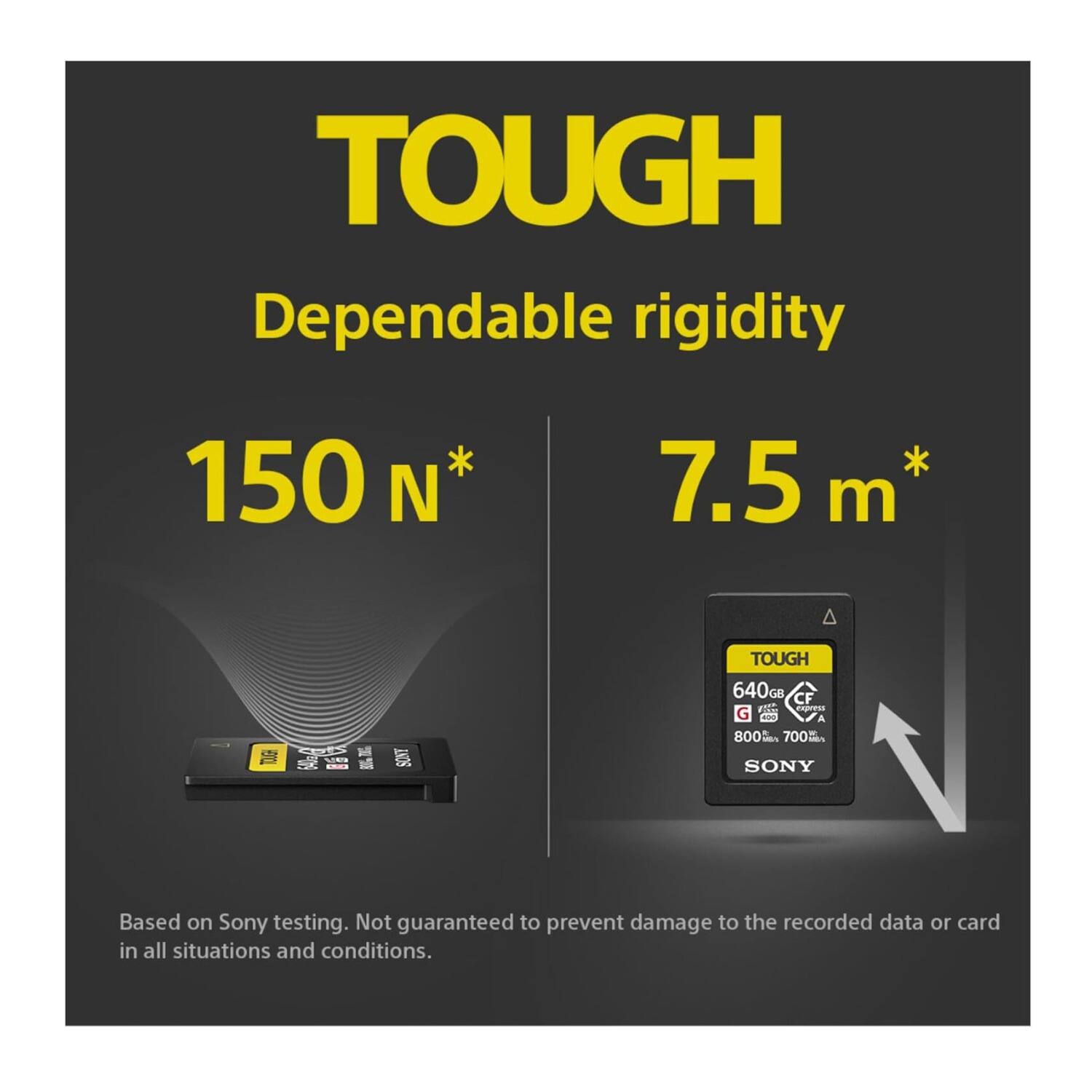 TOUGH  
Dependable rigidity  
150 N*  
7.5 m*  

TOUGH  
640GB  
CF a  
800 - 700 Fe  
SONY  

Based on Sony testing. Not guaranteed to prevent damage to the recorded data or card in all situations and conditions.