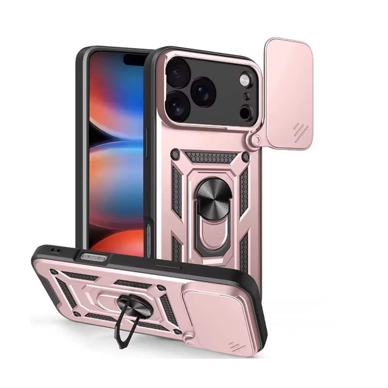Gravity Ridge - for iPhone 17 Phone Case Slide Camera Cover with Ring Stand, Heavy Duty Military Grade Shockproof Cover - Rose Gold