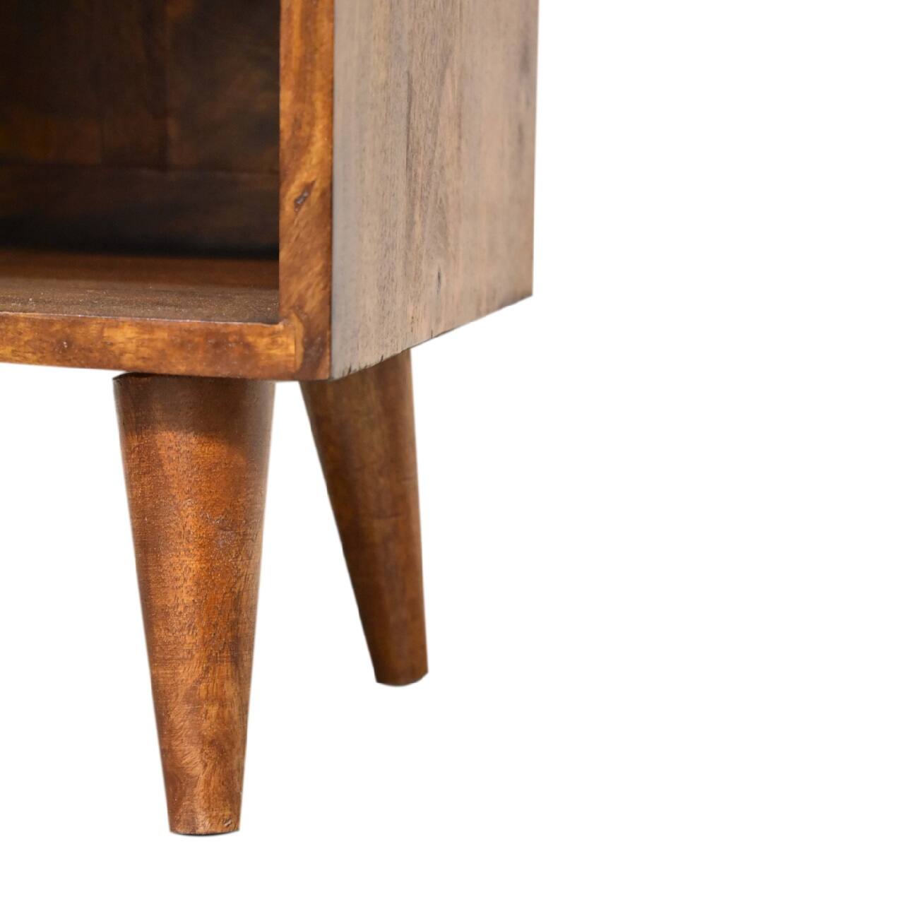 Alt View 4. Artisan Furniture - Artisan Furniture Solid Wood Mini Manila Gold Nightstand, 1 Drawer, 1 Open Slot, Nordic Legs, Dark Brown - Chestnut.