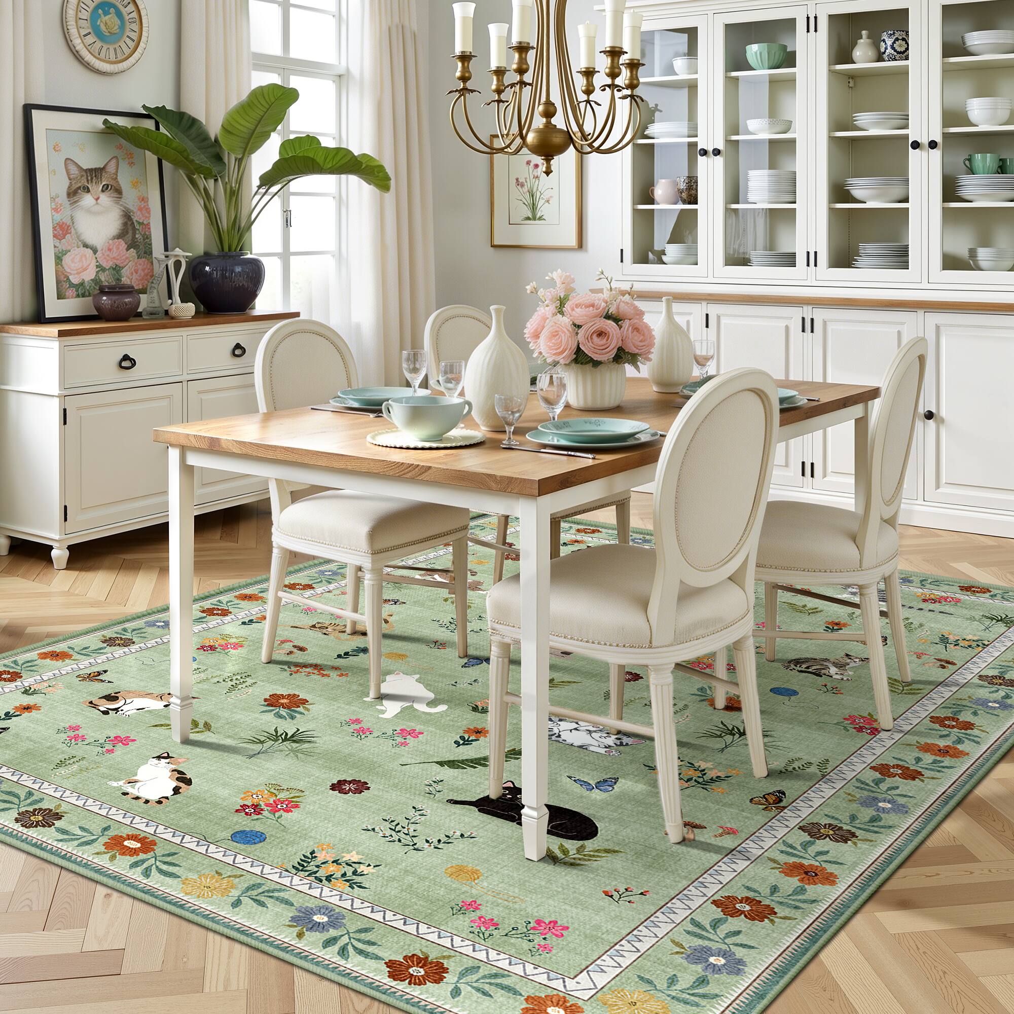Alt View 3. KERDOM - Cat Illustration 6x9 ft Bedroom Rug, Large Kitten Floor Mat for Dinning Room, Low Pile Washable Area Carpet Animal Throw - Green.