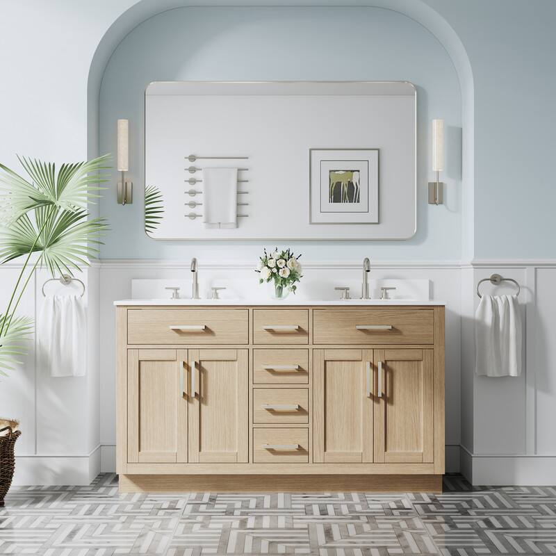 Back. WELLFOR - 60 in Solid Wood Bathroom Vanity with Double Sink,4 Doors,6 Drawers& Cultured Marble Countertop,Brushed Nickel Handle - OAK.