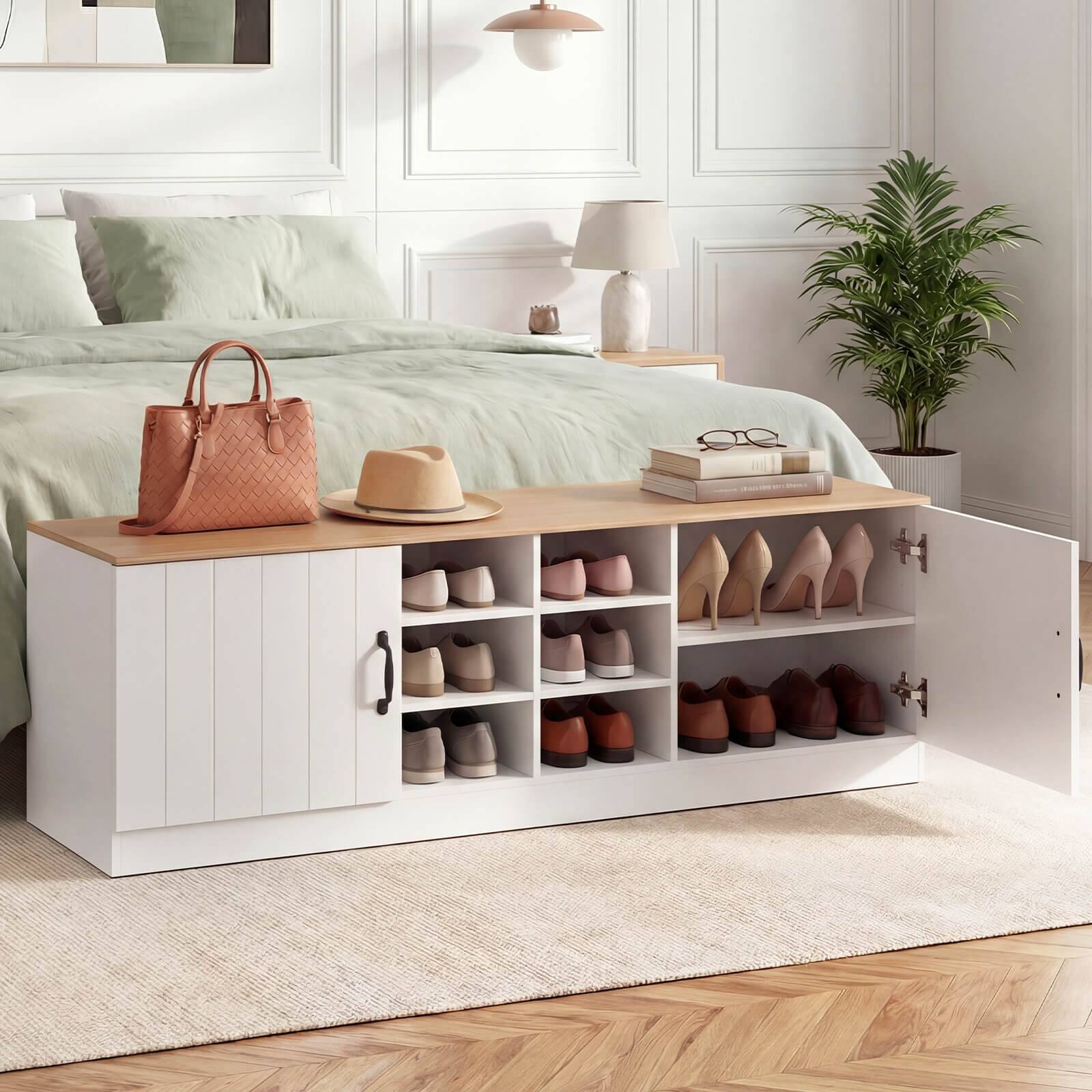 Alt View 4. Costway - Costway 2-Door Shoe Bench wirh Adjustable Shelves & 6 Compartments, Hidden Storage Space - Natural+White.