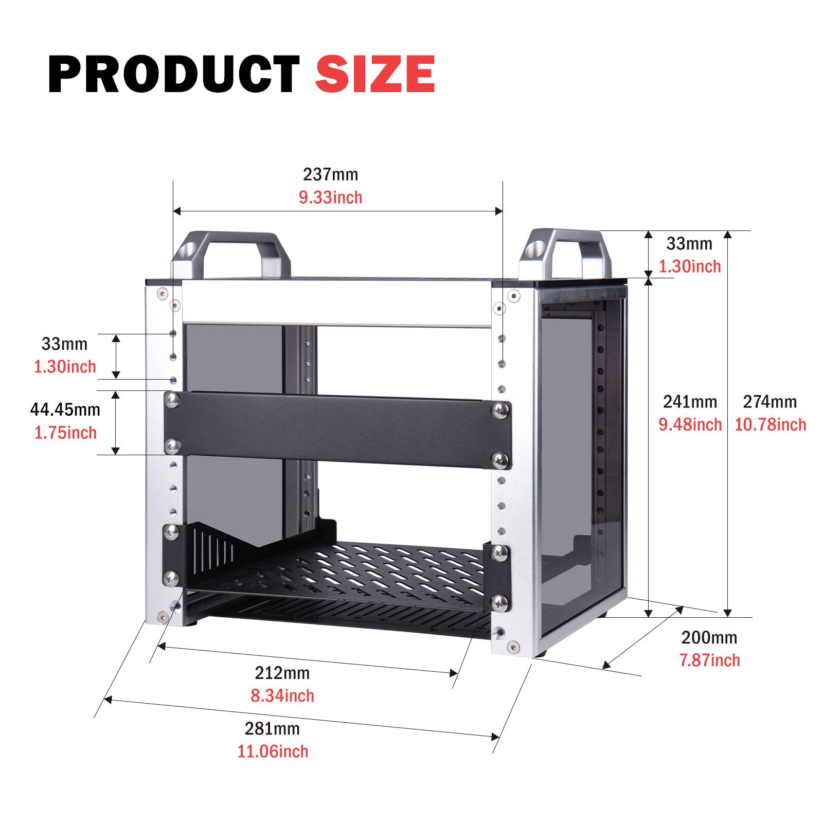 PRODUCT SIZE  
237mm 9.33inch  
33mm 1.30inch  
44.45mm 1.75inch  
241mm 274mm 9.48inch 10.78inch  
212mm 8.34inch  
200mm 7.87inch  
281mm 11.06inch
