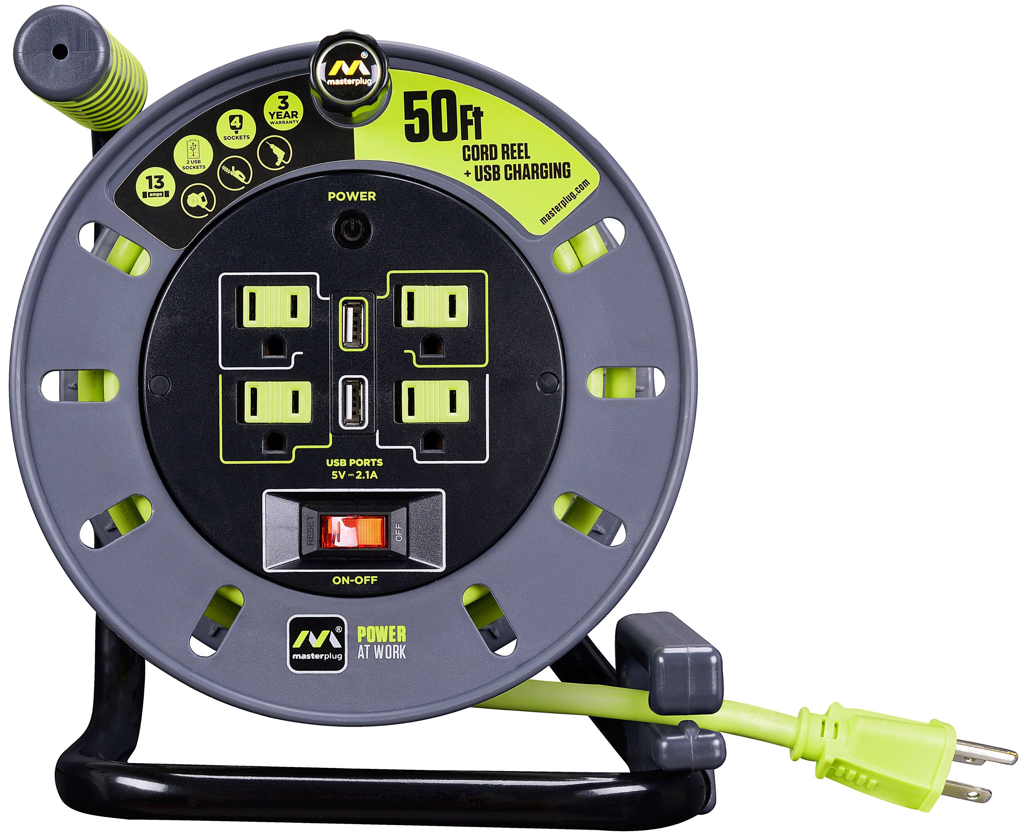 Alt View 1. Masterplug - 50Ft 4 Sockets 13A 14AWG Medium Open Reel with USB Charging - Green & Grey.