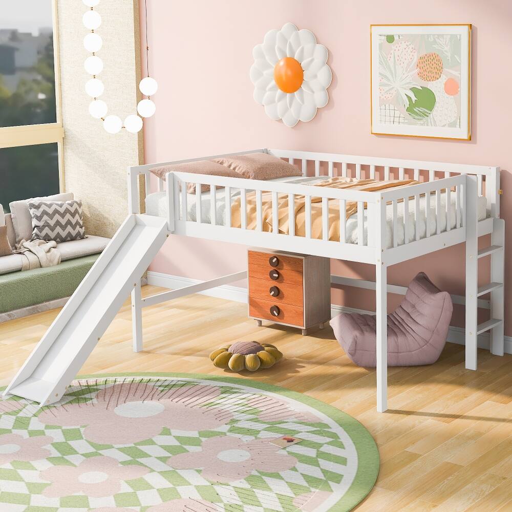 Left. Loheer - Loheer Full Size Low Loft Bed with Slide and Ladder White - White.