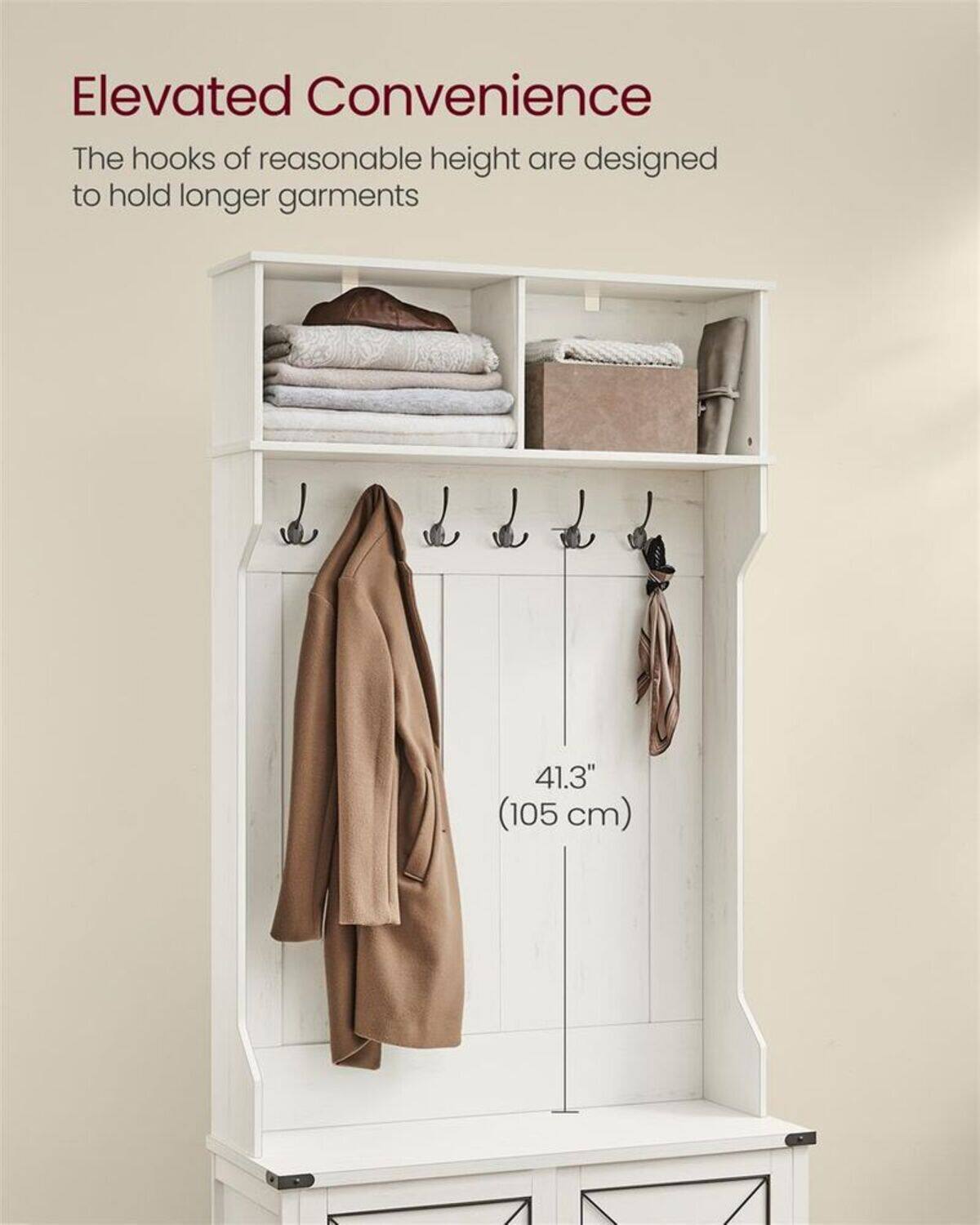 Elevated Convenience

The hooks of reasonable height are designed to hold longer garments

41.3" (105 cm)
