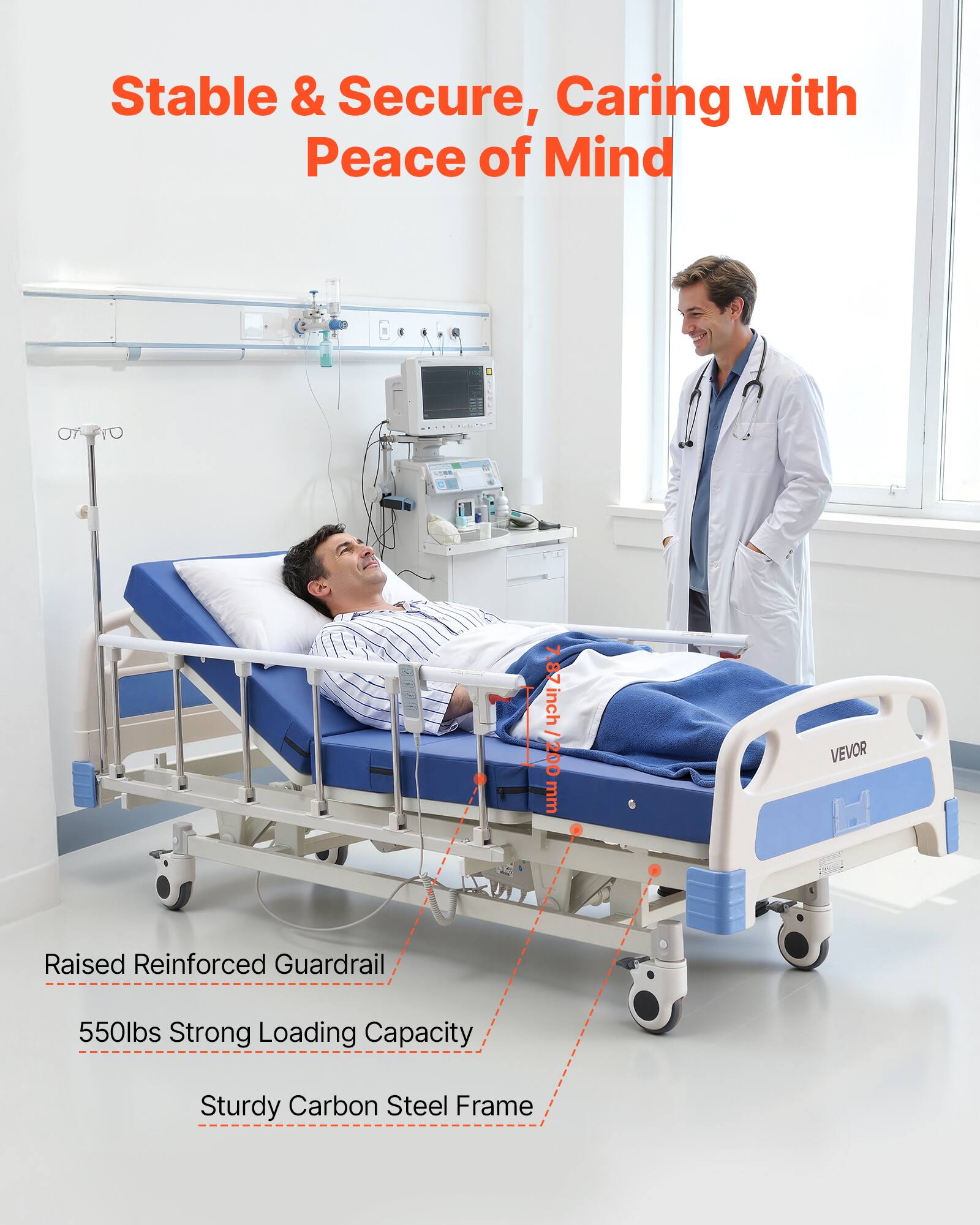 Stable & Secure, Caring with Peace of Mind

7.87 inch / 200 mm

VEVOR Raised Reinforced Guardrail

550lbs Strong Loading Capacity

Sturdy Carbon Steel Frame