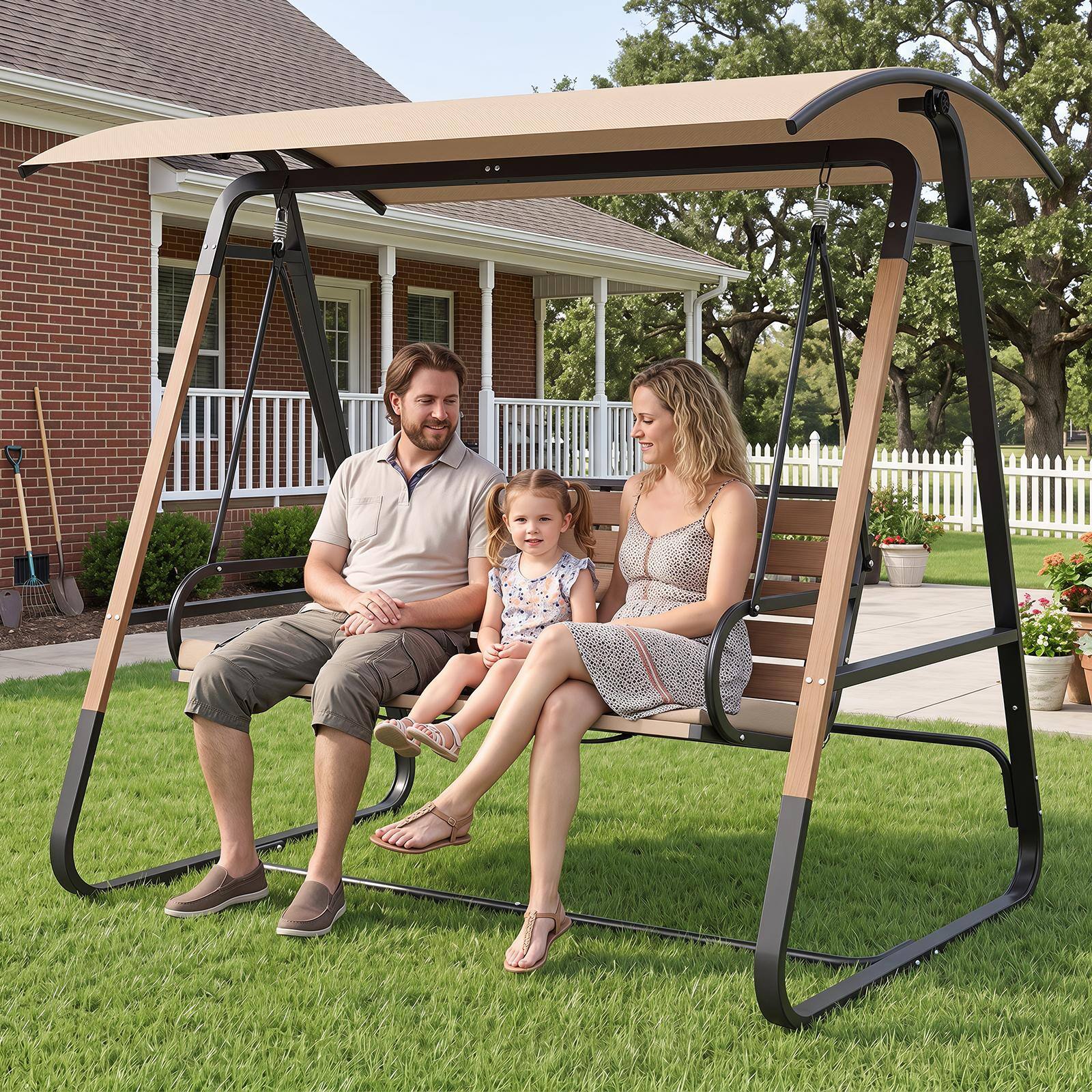 Alt View 3. Costway - Costway 3-Person Porch Swing, Outdoor Swing with Adjustable Canopy Removable Padded Cushion - Beige + Black + Brown.