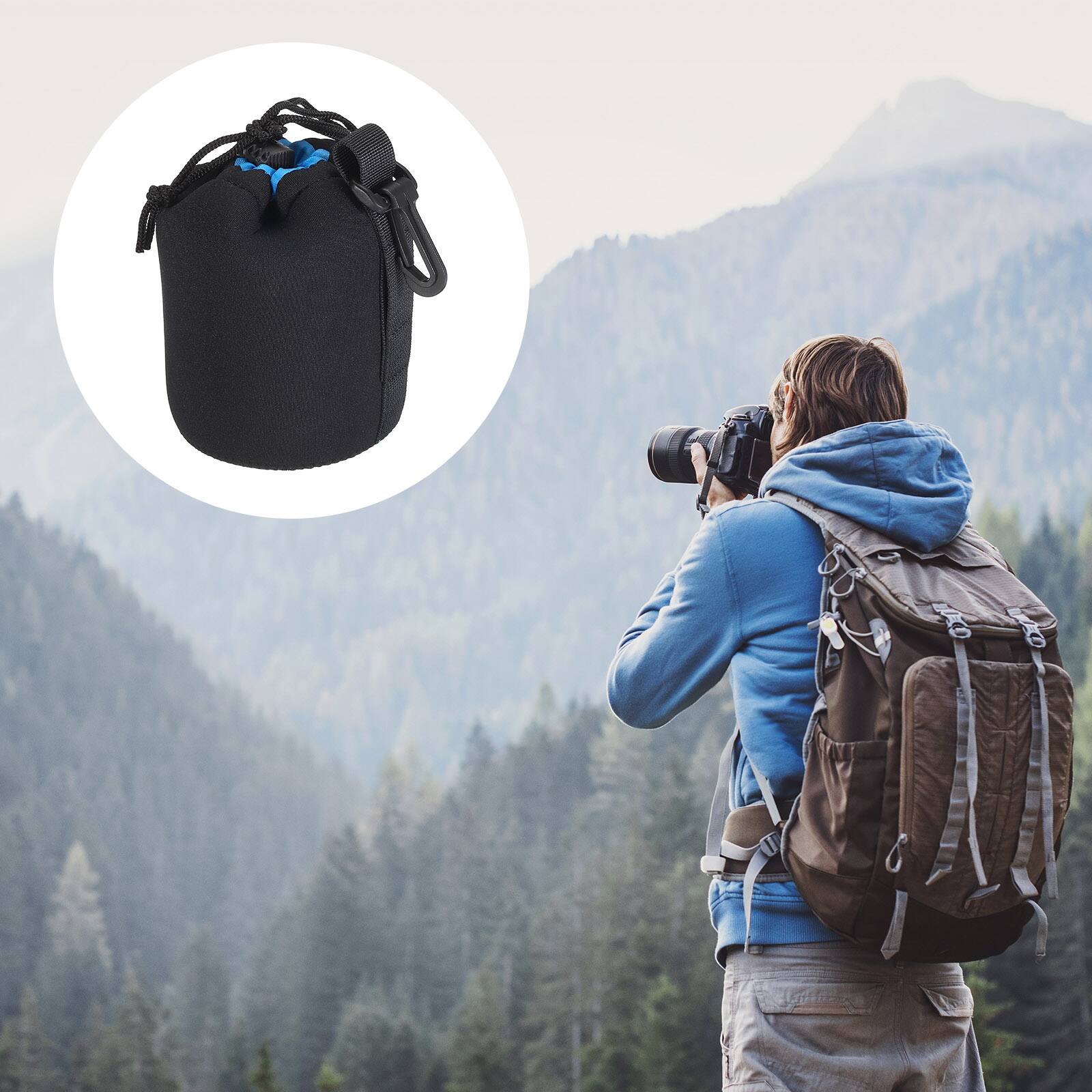Alt View 6. Unique Bargains - Camera Lens Bag, 3.3"x5.5" Drawstring Pouch with Thick Neoprene for DSLR Lens, Water Coffee Cups - Black Blue.