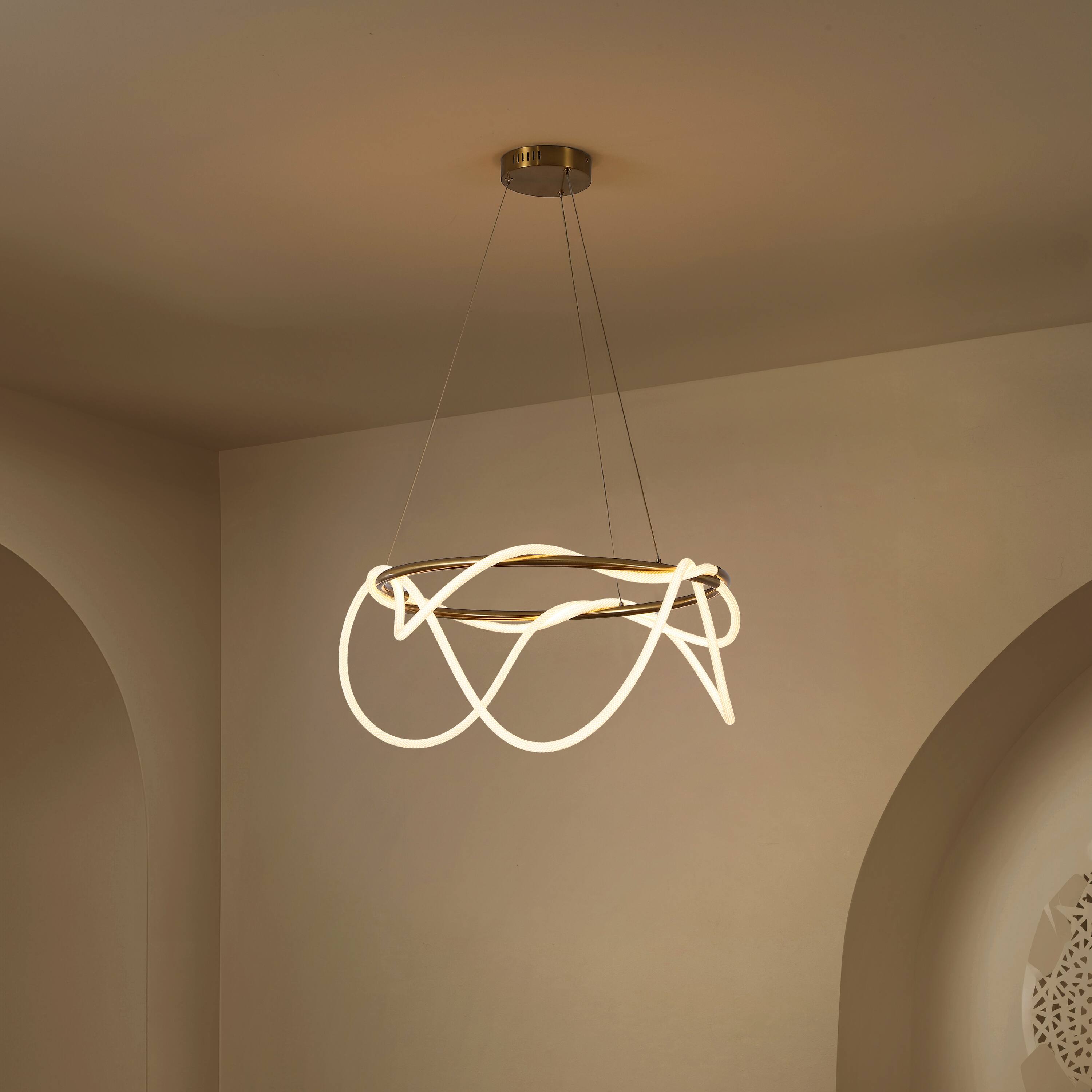 Alt View 7. Jonathan Y - Lisette 25" Contemporary Minimalist 360 Adjustable Silicone Rope Dimmable Integrated LED Chandelier, Brass Gold - Brass Gold.