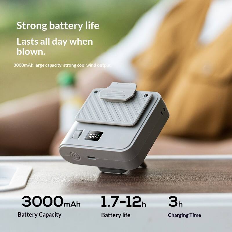 Strong battery life  
Lasts all day when blown.  

3000mAh large capacity, strong cool wind output.  

3000mAh  
Battery Capacity  

1.7-12h  
Battery life  

3h  
Charging Time