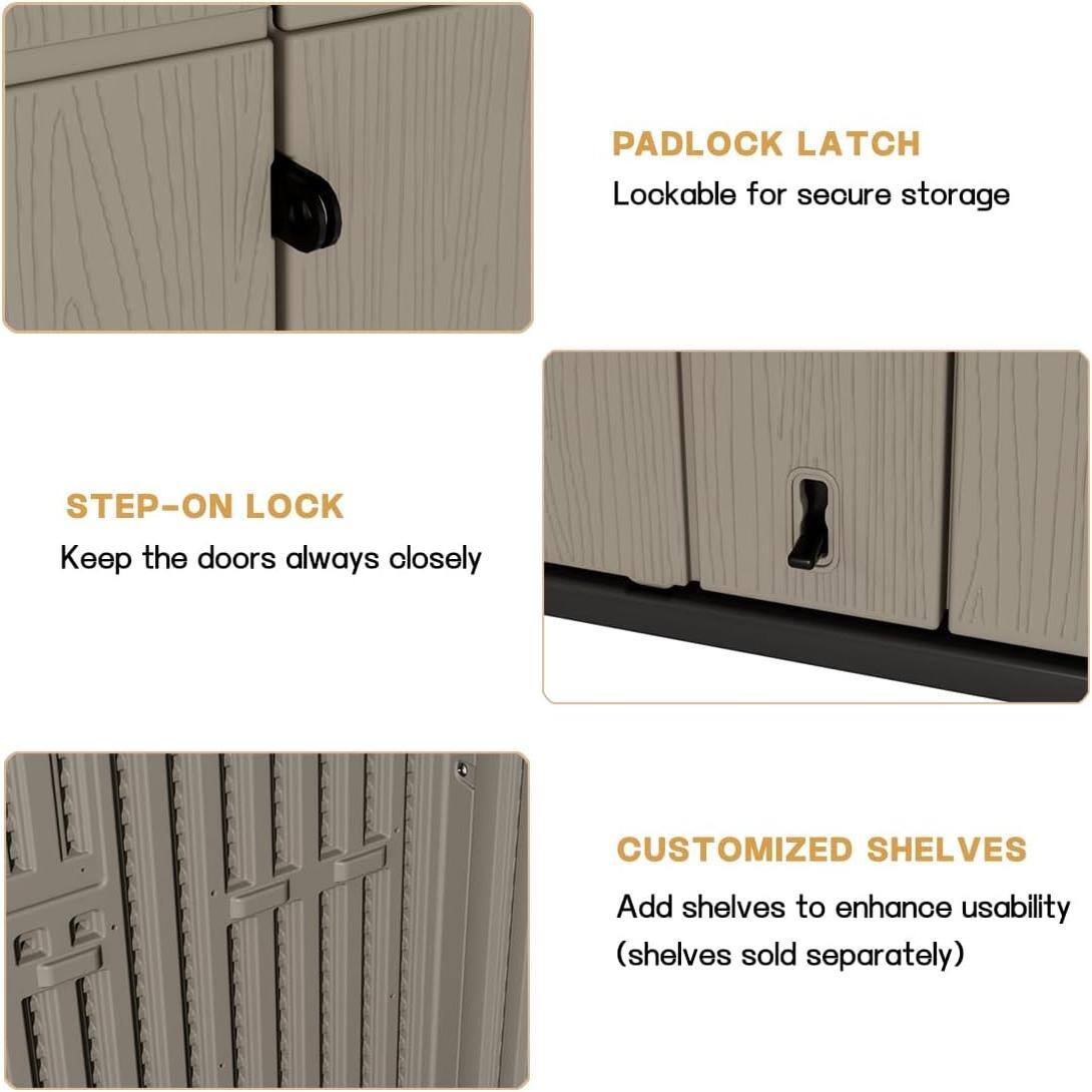 PADLOCK LATCH  
Lockable for secure storage  

STEP-ON LOCK  
Keep the doors always closely  

CUSTOMIZED SHELVES  
Add shelves to enhance usability  
(shelves sold separately)