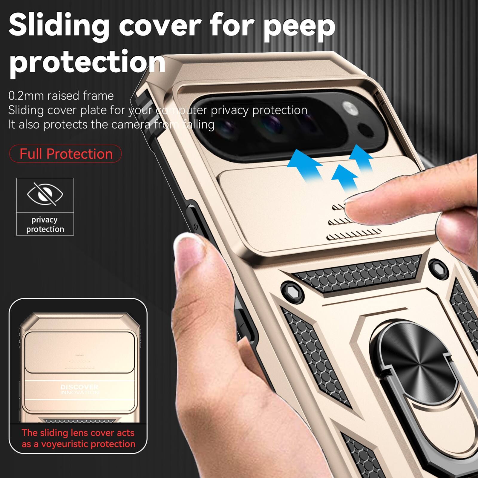 Sliding cover for peep protection  
0.2mm raised frame  
Sliding cover plate for your computer privacy protection  
It also protects the camera from falling  

Full Protection  
privacy protection  

DISCOVER INNOVATION  
The sliding lens cover acts as a voyeuristic protection