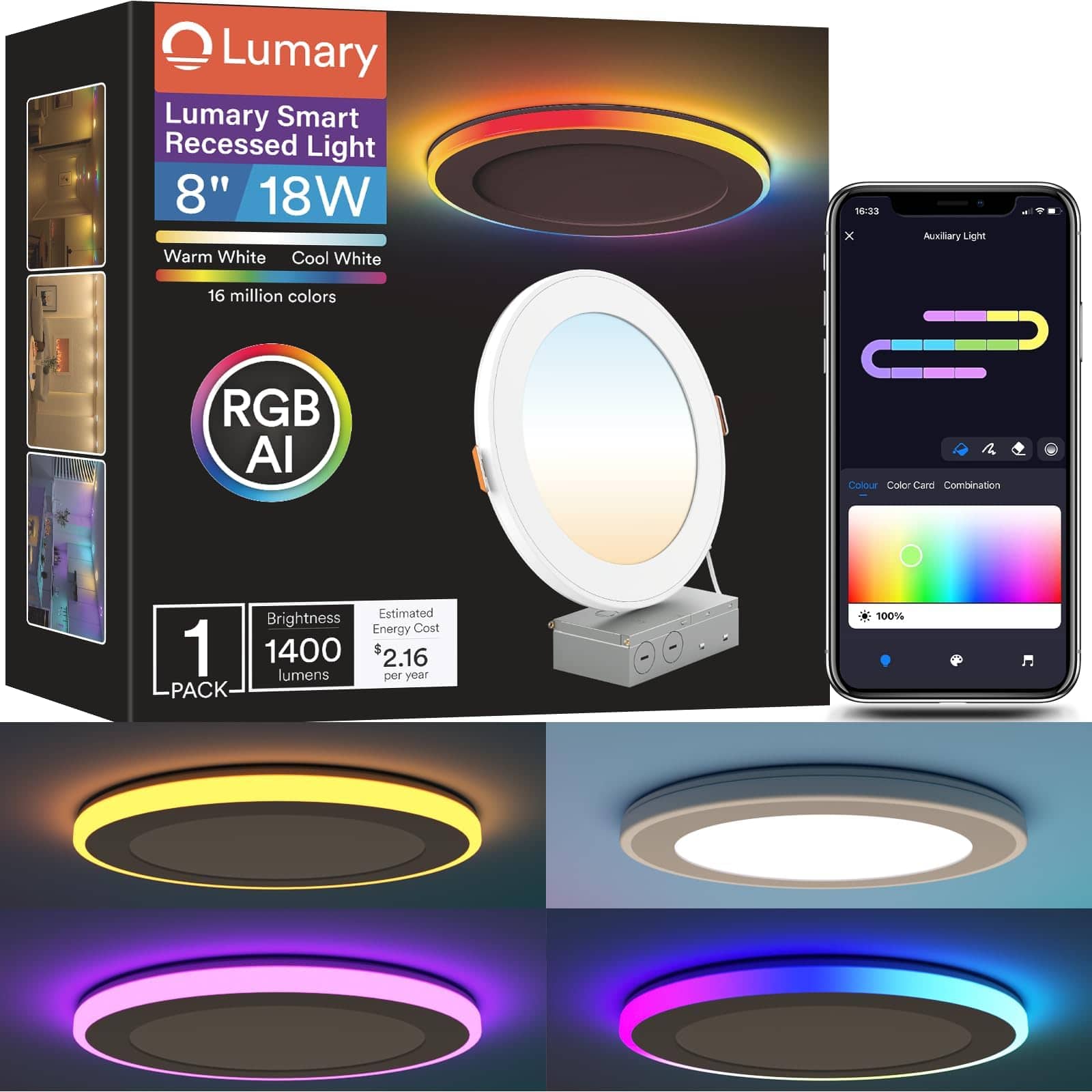 "Lumary - 8"" RGBAI Smart WiFi Recessed Lighting with Gradient Accent and Night Ring, Work with Alexa/Google Assistant/Siri 1PCS - White" price history on PriceWatchPro