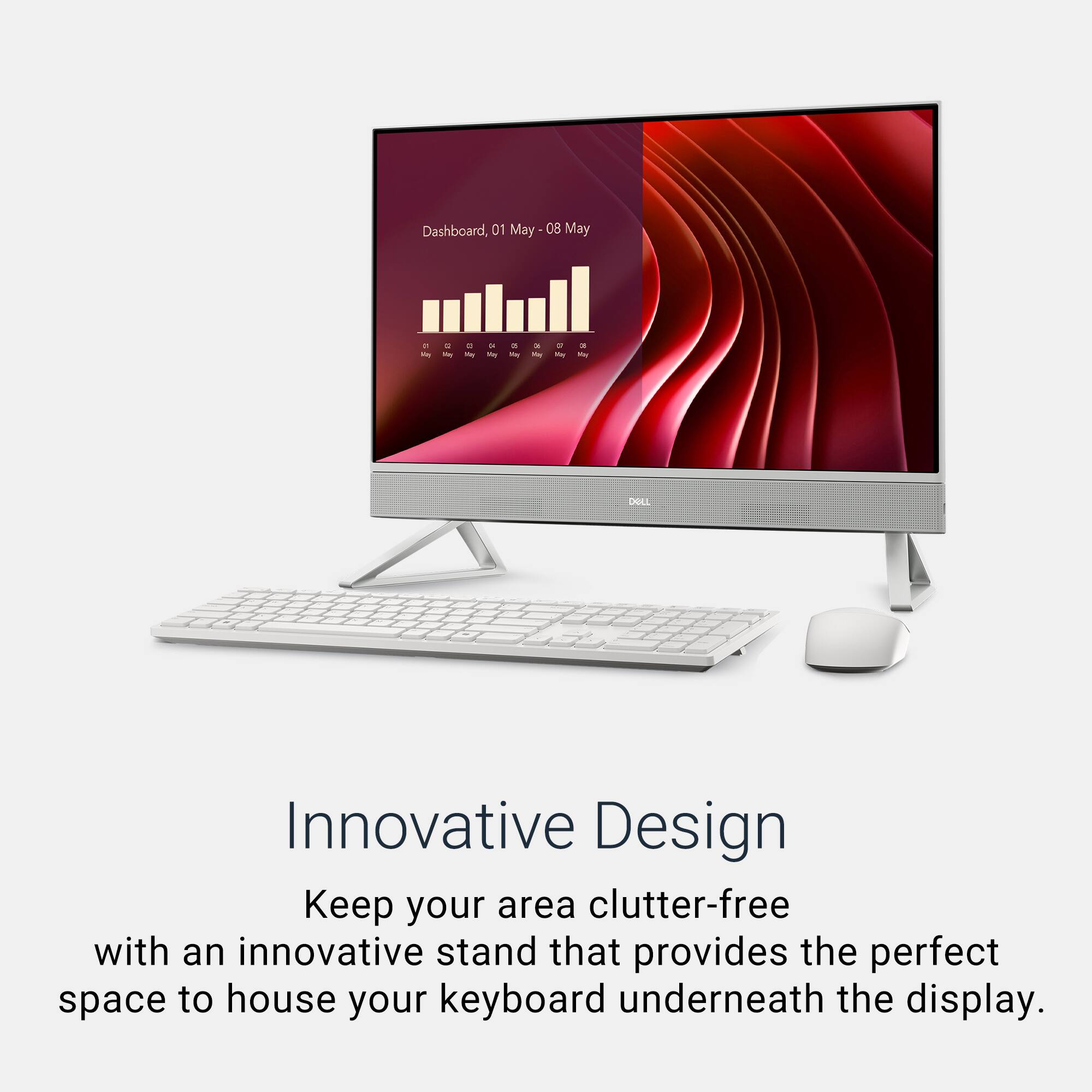 Innovative Design: Keep your area clutter-free with an innovative stand that provides the perfect space to house your keyboard underneath the display.