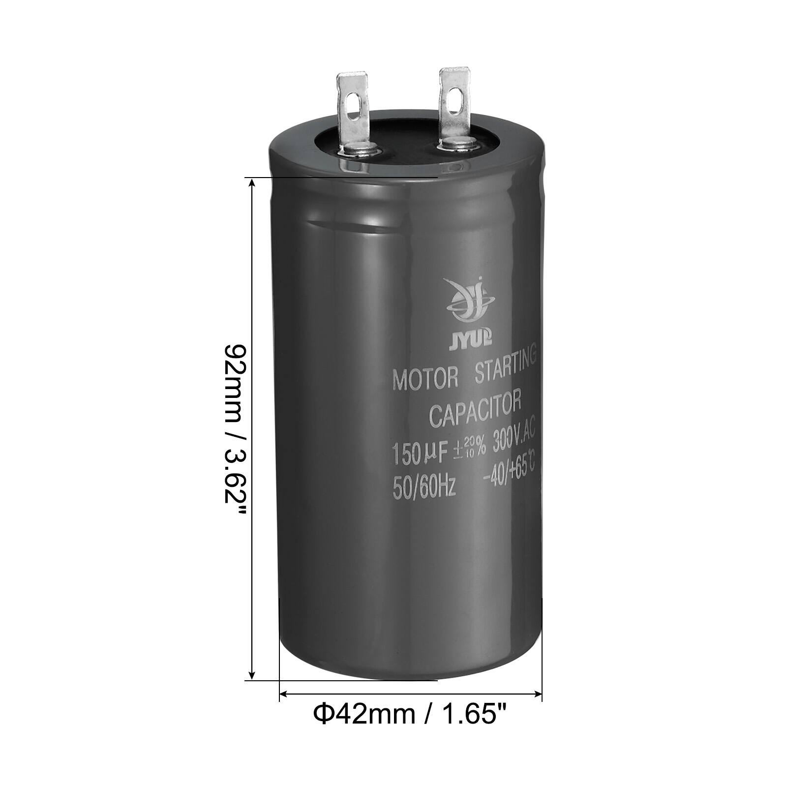 92mm / 3.62"  
JYUP MOTOR STARTING CAPACITOR 300V. ALC... 150μF ±5% 50/60Hz -40/-65°C  
42mm / 1.65"