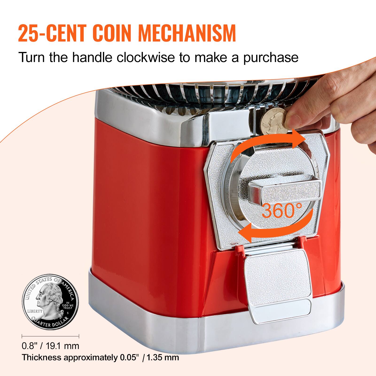 25-CENT COIN MECHANISM  
Turn the handle clockwise to make a purchase  

360°  

0.8" / 19.1 mm  
Thickness approximately 0.05" / 1.35 mm  

UNITED STATES OF AMERICA  
LIBERTY  
QUARTER DOLLAR