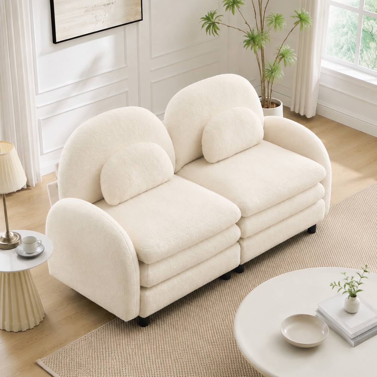 Left. Anysun - Teddy Fabric Cloud-Like Loveseat Sofa: Curved Back, Armrest, Lumbar Pillows, Modular 2-Seater, Double-Layer Cushion - Beige White.