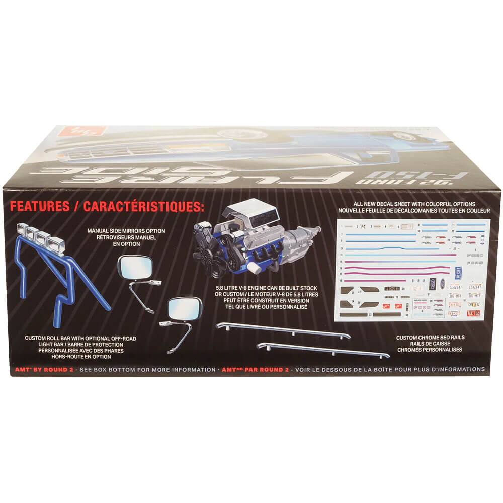 Sure, here is the corrected and grouped text from the image:

---

**FEATURES / CARACTÉRISTIQUES:**

- **MANUAL SIDE MIRRORS OPTION**  
  RETROVISEURS MANUEL EN OPTION

- **ALL NEW DECAL SHEET WITH COLORFUL OPTIONS**  
  NOUVELLE FEUILLE DE DECALCOMANIES TOUTES EN COULEUR

- **5.8 LITRE V-8 ENGINE CAN BE BUILT STOCK OR CUSTOM**  
  LE MOTEUR V-8 DE 5.8 LITRES PEUT ETRE CONSTRUIT EN VERSION TEL QUE LIVRÉ OU PERSONNALISÉ

- **CUSTOM ROLL BAR WITH OPTIONAL OFF-ROAD LIGHT BAR**  
  BARRE DE PROTECTION PERSONNALISÉE AVEC DES PHARES HORS-ROUTE EN OPTION

- **CUSTOM CHROME BED RAILS**  
  RAILS DE CAISSE CHROMÉS PERSONNALISÉS

- **AMT BY ROUND 2 - SEE BOX BOTTOM FOR MORE INFORMATION**  
  AMT PAR ROUND 2 - VOIR LE DESSOUS DE LA BOITE POUR PLUS D'INFORMATIONS

