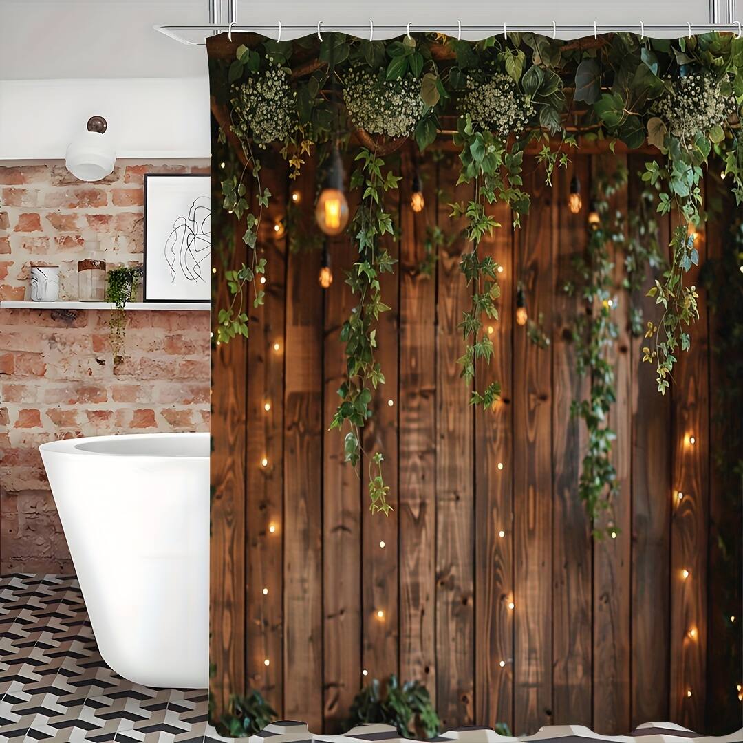 Front. blue - 1pc Vintage Rustic Wooden Board Door Shower Curtain, Green Leaves On Farmhouse Country Wood Plank - multicolor180.