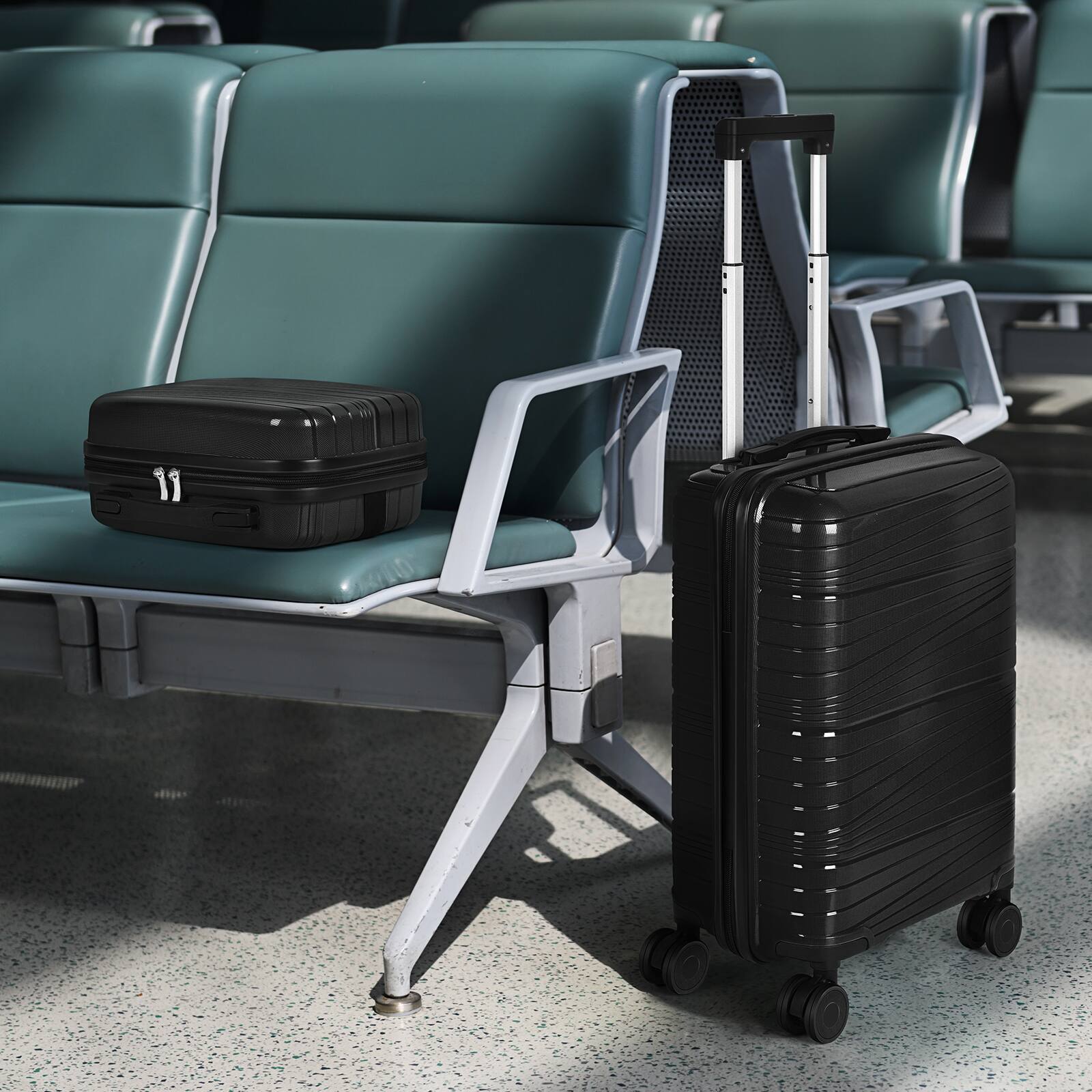 Alt View 3. Oumilen - 2 Piece Black Luggage Set – 20" Carry On + 14" Cosmetic Case, 4 Silent Spinner Wheels with 3-Digit Lock - Black.