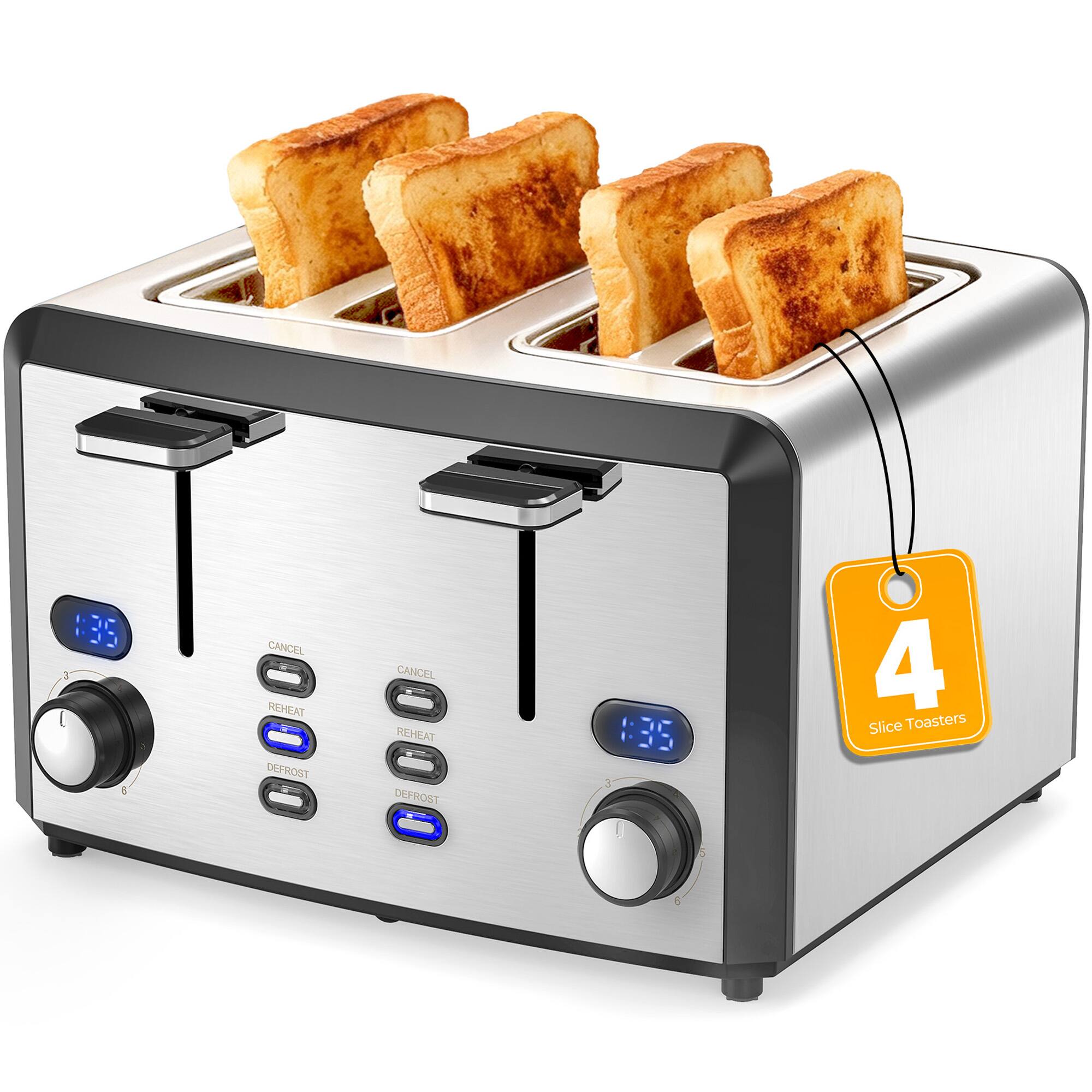 SKONYON - 4-Slice Toaster with Extra-Wide Slots and Dual Control Panels - Stainless Steel - Silver