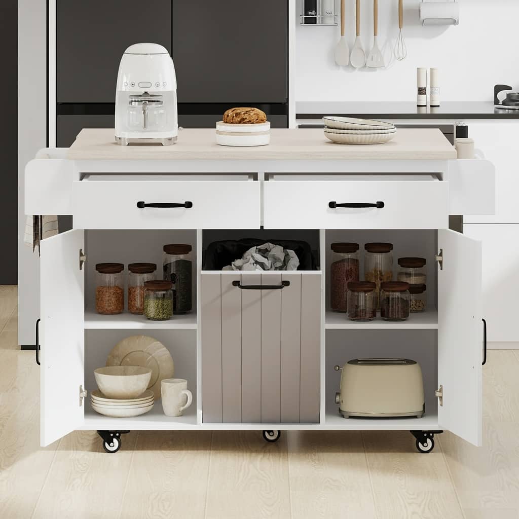 Forest'nSky - Kitchen Island with Trash Can Storage & Drop Leaf – Rolling Cart with Spice Rack, Towel Rack - White