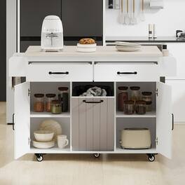 Forest'nSky - Kitchen Island with Trash Can Storage & Drop Leaf – Rolling Cart with Spice Rack, Towel Rack - White