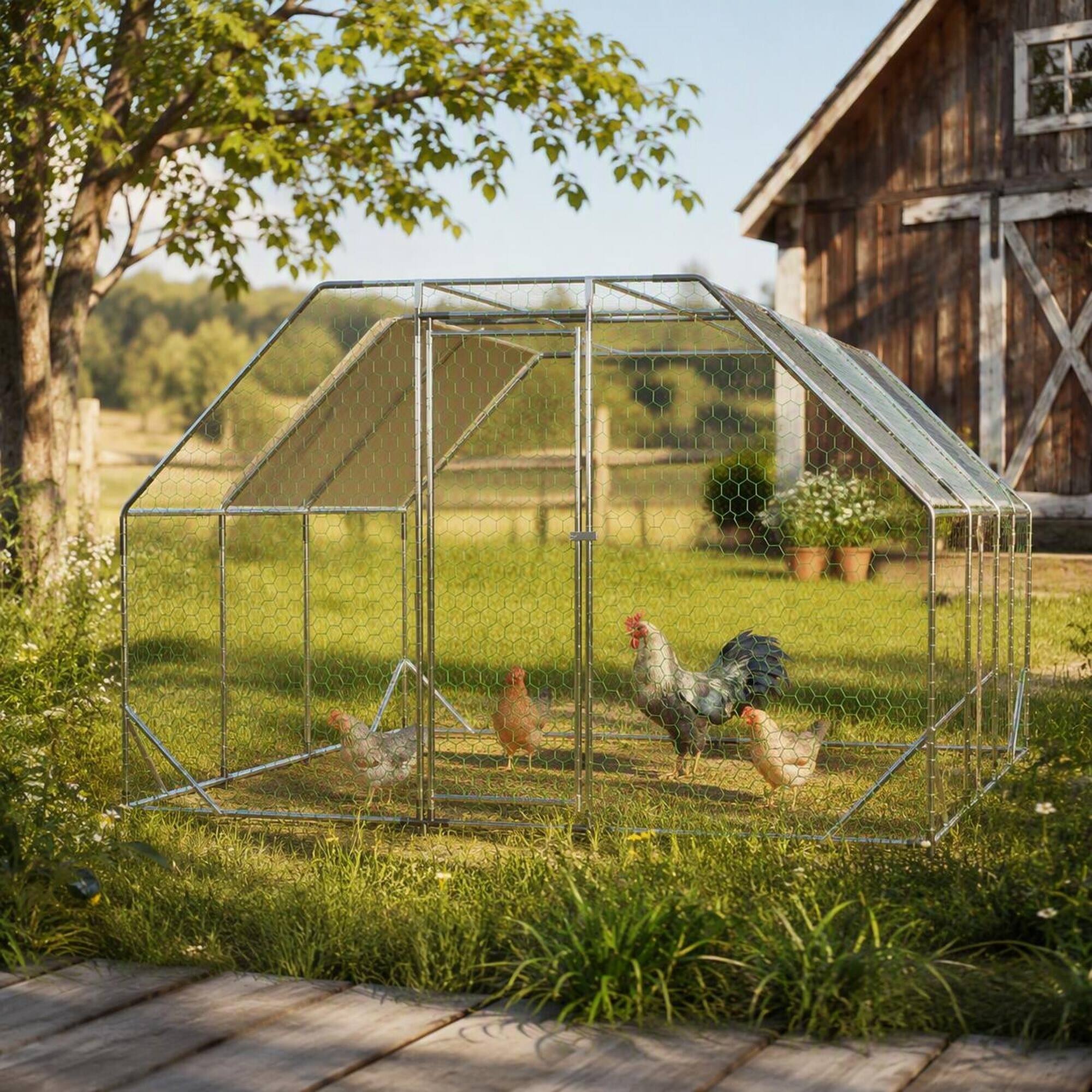 Back. RYHNUYNE - 10x13 Ft Galvanized Metal Walk-In Chicken Coop, Weatherproof Poultry Run with Water-Resistant Tarp.