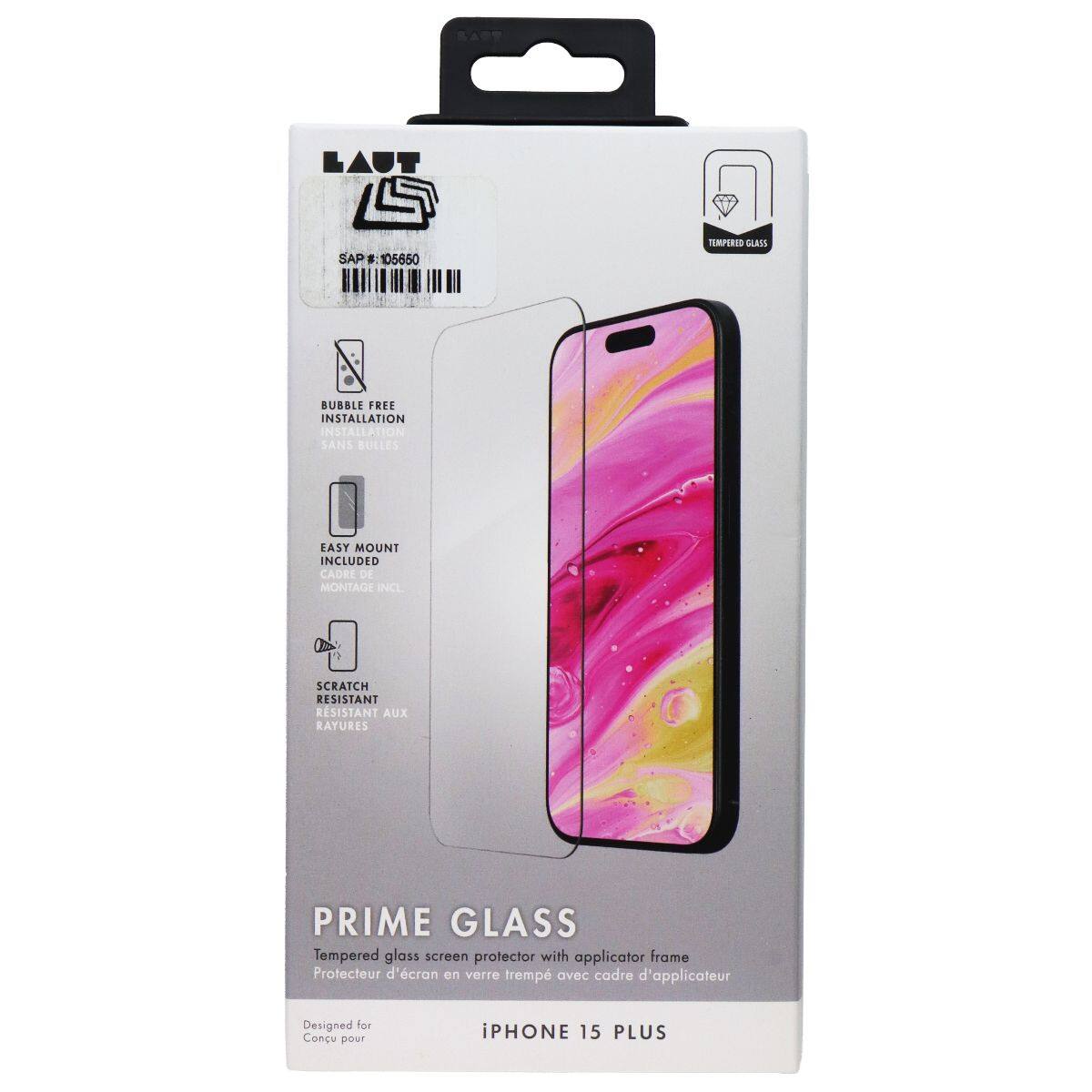 Laut SAP 105650 Tempered glass screen protector with applicator frame  
Protecteur d'écran en verre trempé avec cadre d'applicateur  
Designed for / Conçu pour iPhone 15 Plus  
Bubble Free Installation / Installation Sans Bulles  
Easy Mount Included / Montage Inclu  
Scratch Resistant / Résistant aux Rayures