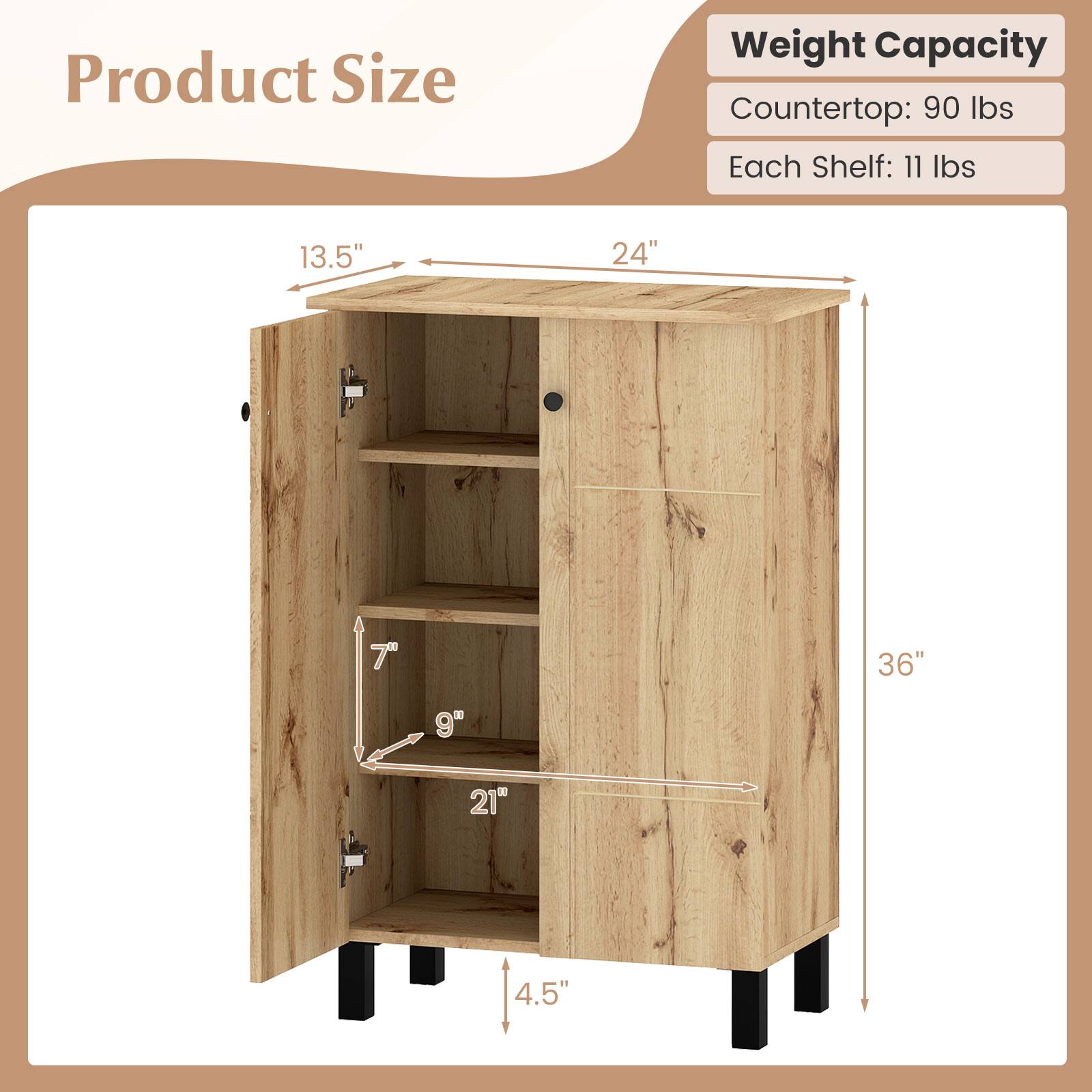 Product Size  
Weight Capacity  
Countertop: 90 lbs  
Each Shelf: 11 lbs  

13.5"  
24"  
7"  
36"  
9"  
21"  
4.5"