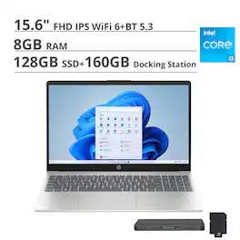 HP - 15.6" Laptop - Intel Core i3 N305 2023 - 8GB Memory - 128GB UFS + 160GB Dock Set - Natural - Silver
