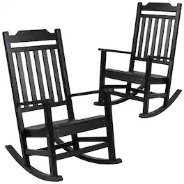 Emma + Oliver - Set of 2 All-Weather Poly Resin Faux Wood Rocking Chairs for Porch &Patio - Black