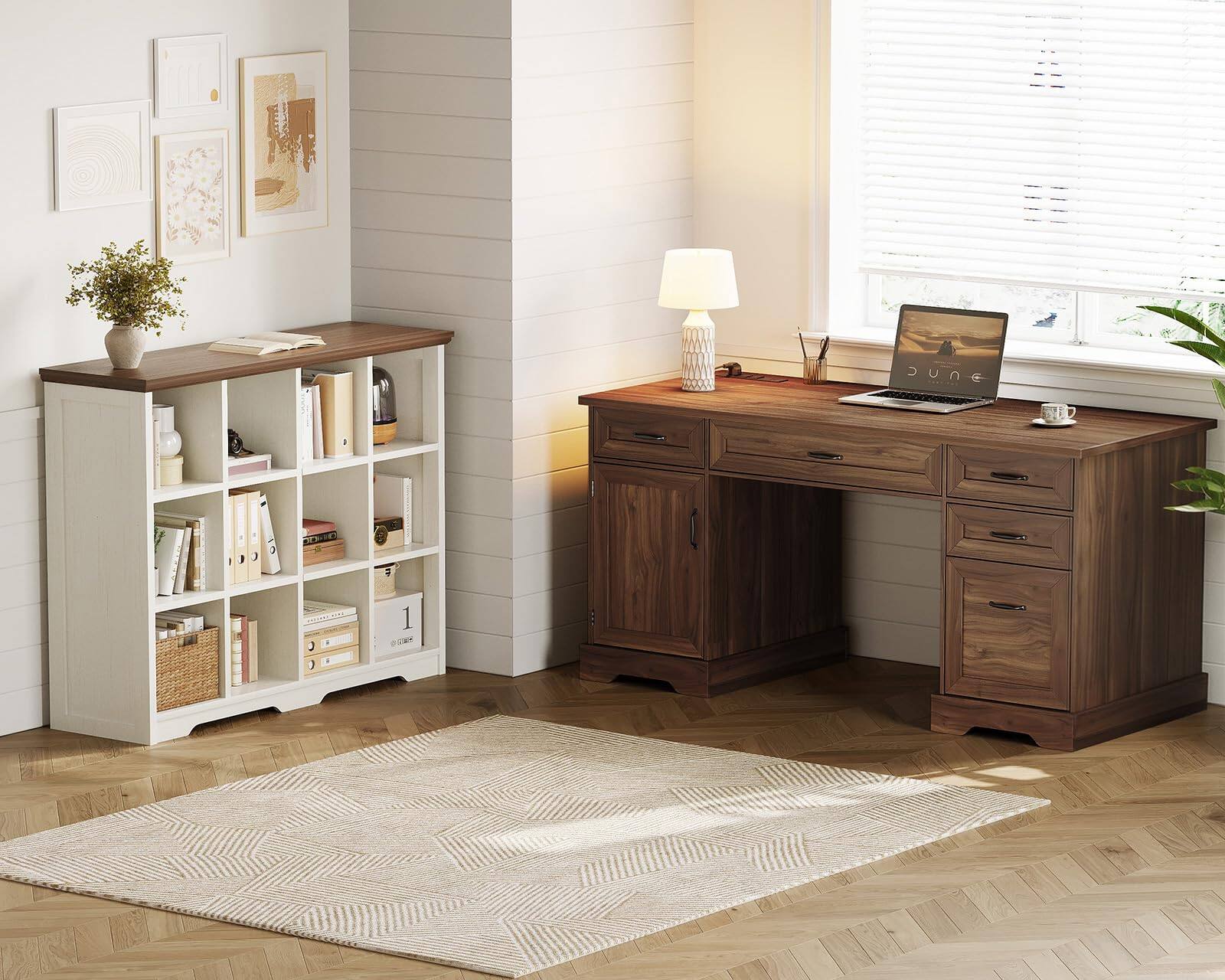 Alt View 1. OffiGo - 59 Inch Farmhouse Desk with Drawers, Executive Computer Desk with Charging Station & File Cabinet Storage - Walnut.