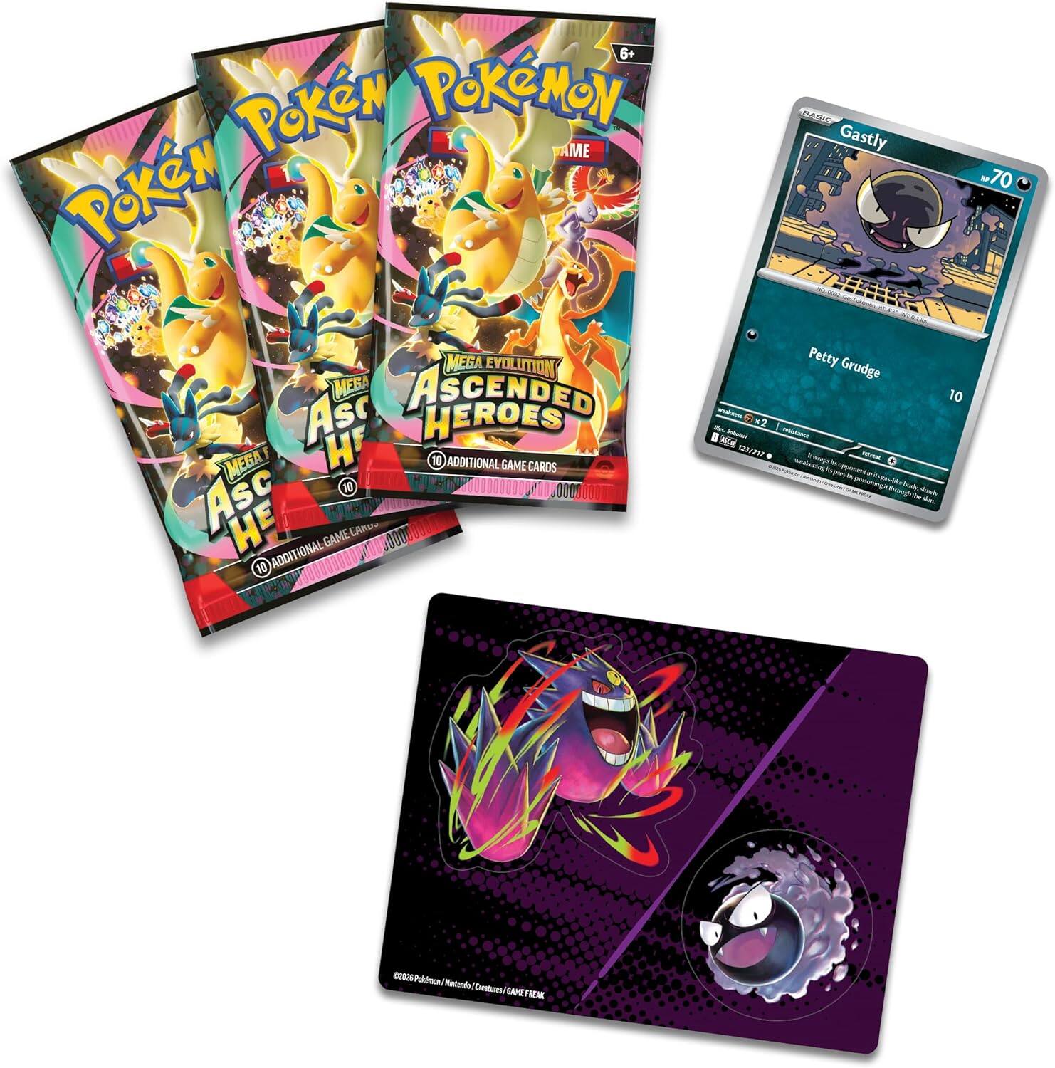Pokémon Game  
Mega Evolution  
Ascended Heroes  
10 Additional Game Cards  

Gastly  
Petty Grudge  
10  

©2020 Pokémon/Nintendo/Creatures/GAME FREAK