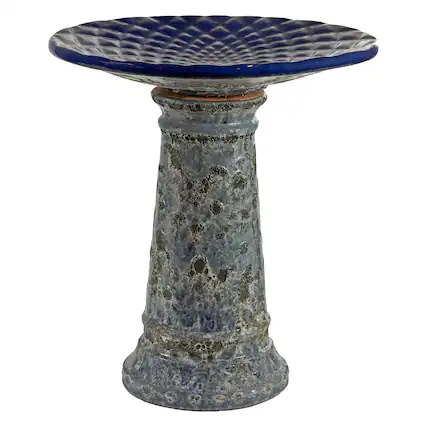 Front. Sunnydaze - Rennes 22.5" Ceramic Bird Bath with Lava Finish - Blue.