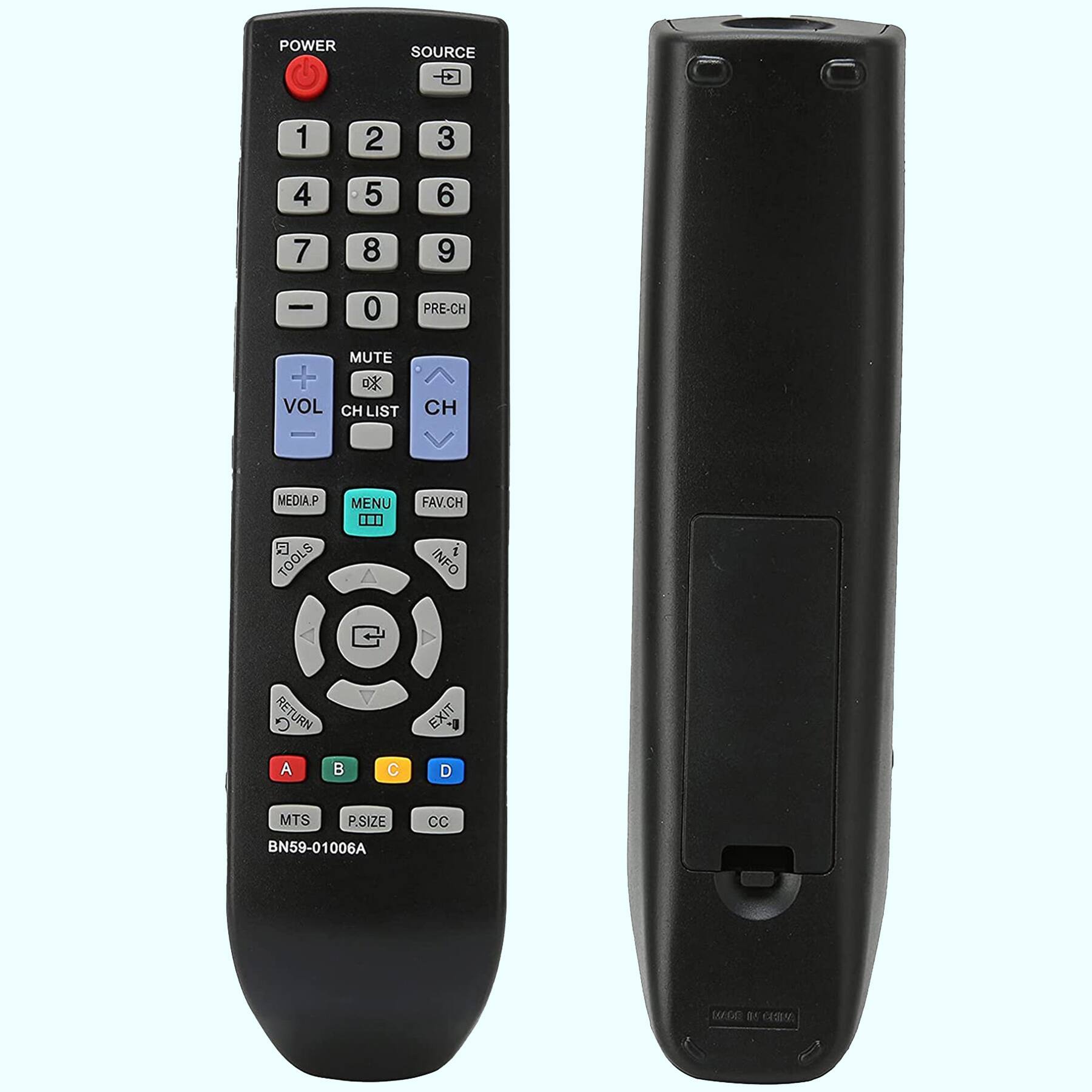 POWER SOURCE 1 2 3 4 5 6 7 8 9 - 0 PRE-CH MUTE + VOL CH LIST CH MEDIA.P TOOLS MENU FAV.CH INFO RETURN RET EXIT A B C D MTS P.SIZE CC BN59-01006A