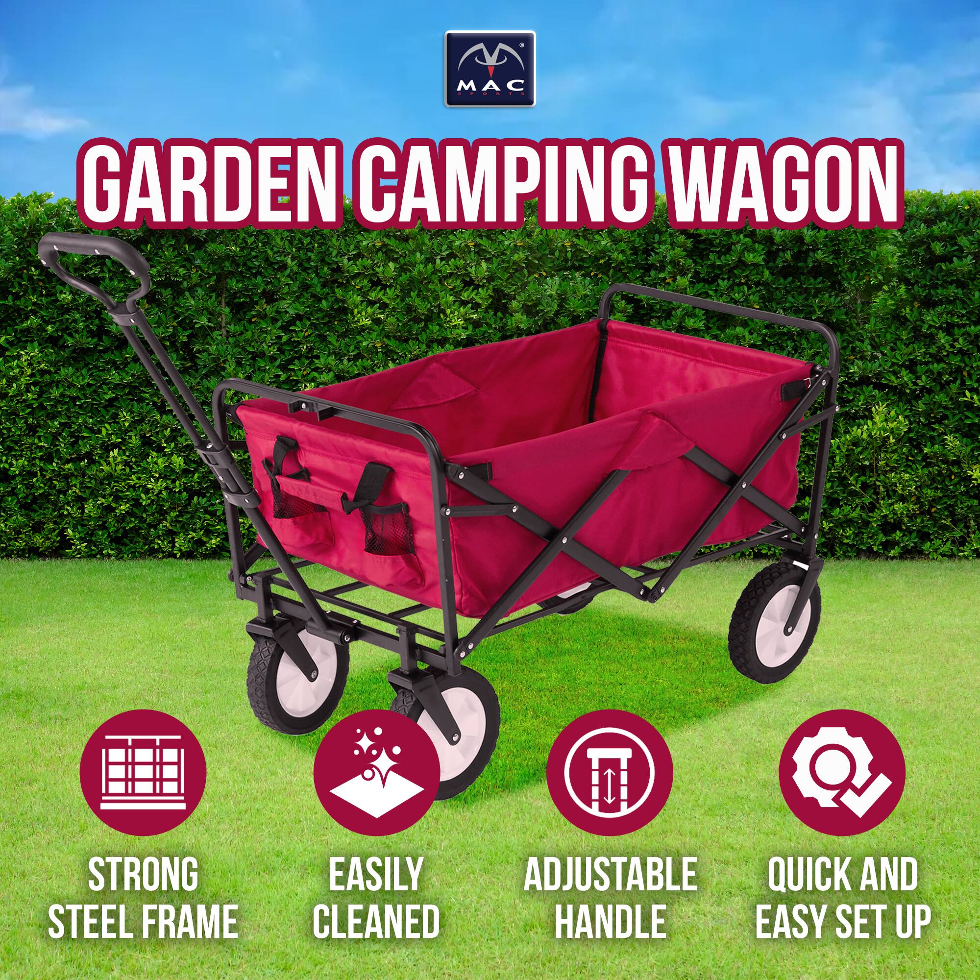 GARDEN CAMPING WAGON

- STRONG STEEL FRAME
- EASILY CLEANED
- ADJUSTABLE HANDLE
- QUICK AND EASY SET UP