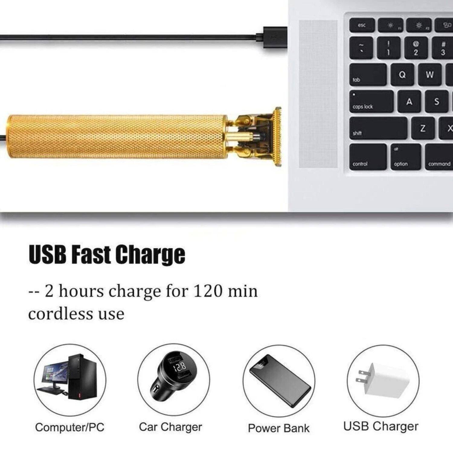 USB Fast Charge  
-- 2 hours charge for 120 min cordless use  

Computer/PC  
Car Charger  
Power Bank  
USB Charger