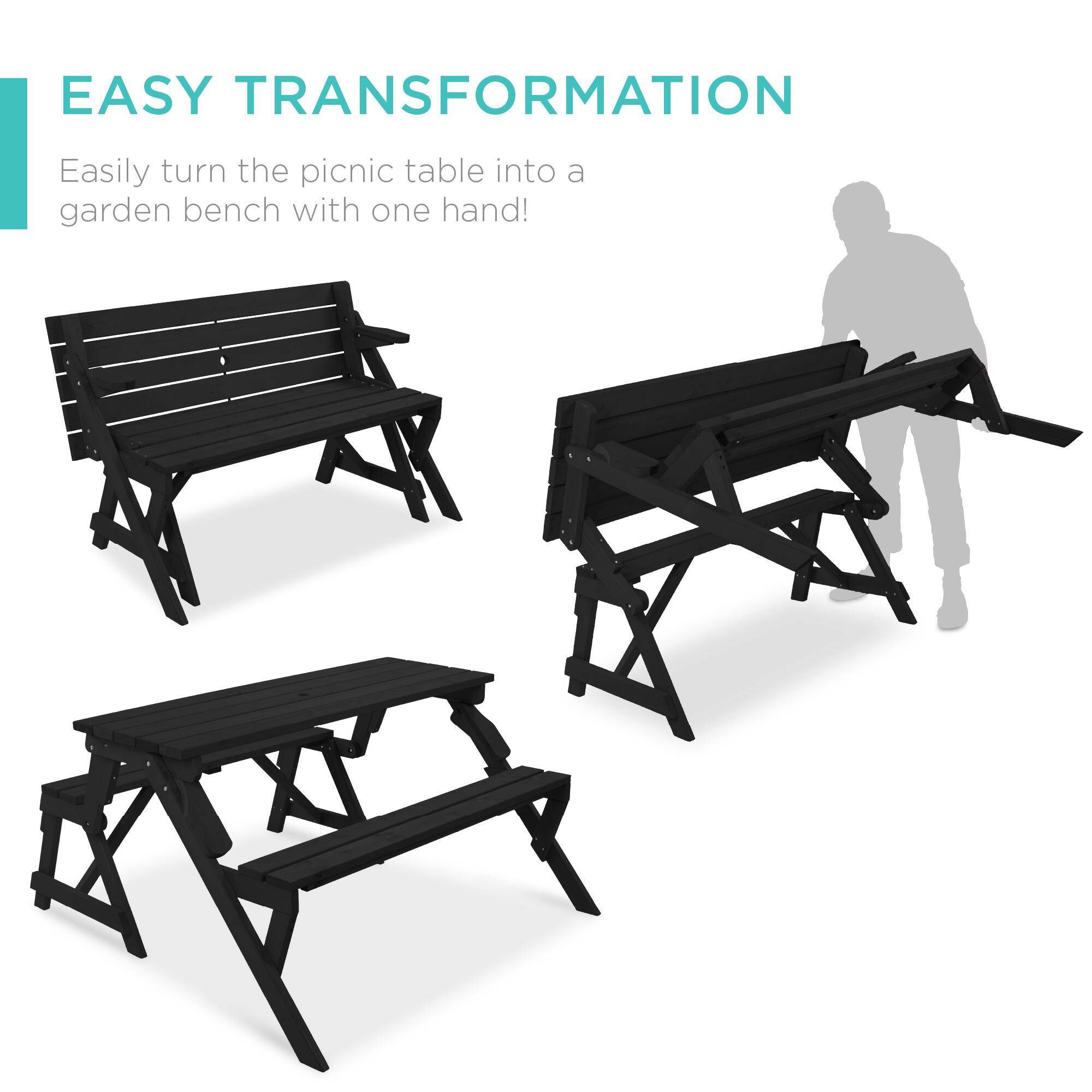 EASY TRANSFORMATION  
Easily turn the picnic table into a garden bench with one hand!