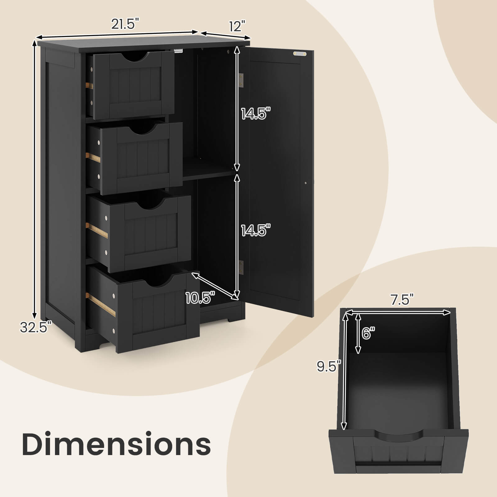 21.5" 12" 14.5" 14.5" 10.5" 7.5" 32.5" 6" 9.5" Dimensions