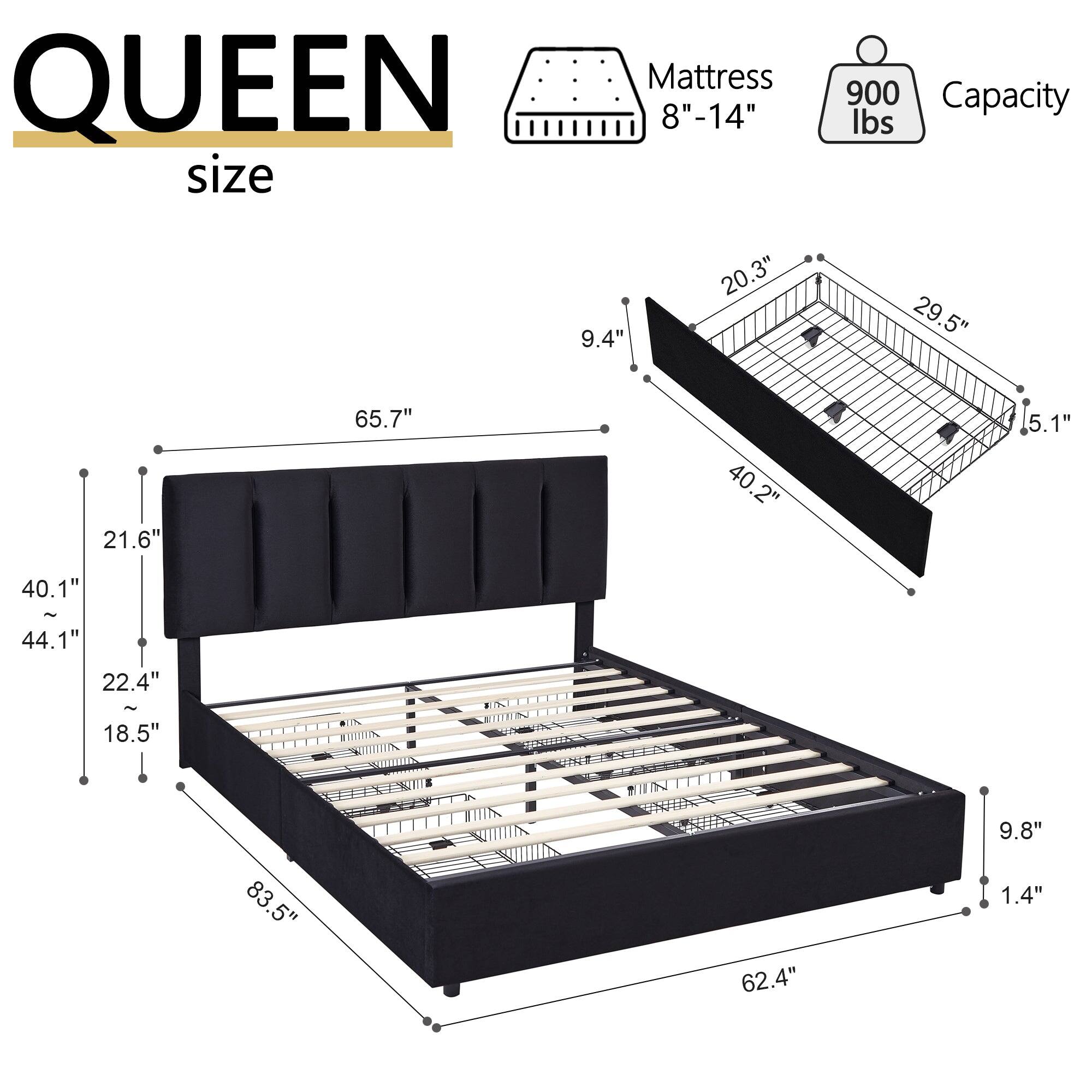QUEEN size Mattress 8"-14" 900 Capacity lbs

Dimensions:
- 9.4" x 20.3" x 29.5" x 21.6" x 65.7" x 40.2" x 5.1" x 40.1" - 44.1" x 22.4" - 18.5" x 83.5" x 62.4" x 9.8" x 1.4"